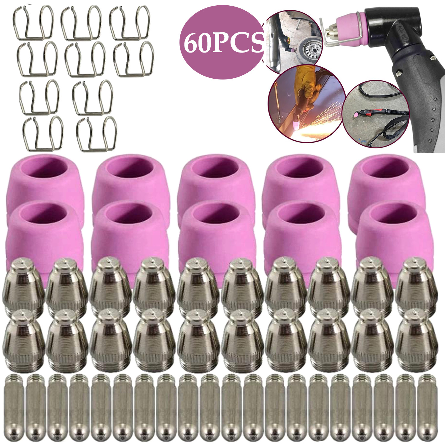 60 pcs Plasma Cutter Tips & Nozzles Kit for SG-55, AG-60, WSD-60, CUT50 60Amp