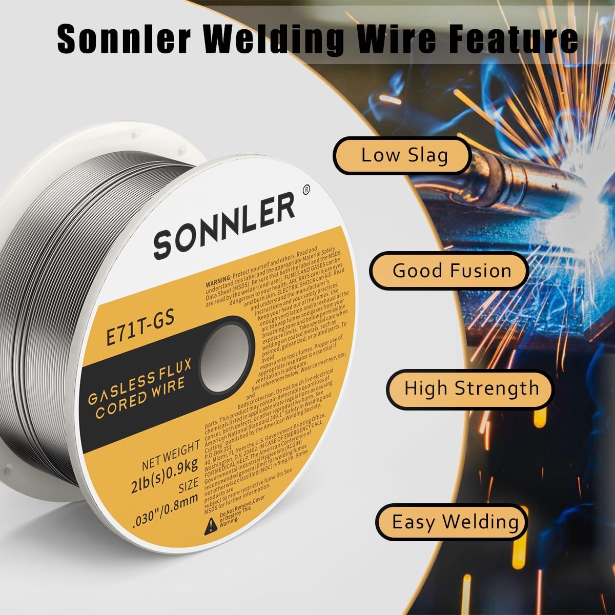 Sonnler .030 Flux Core Welding Wire, Mig Welding Wire, 2Lbs Low Splatt