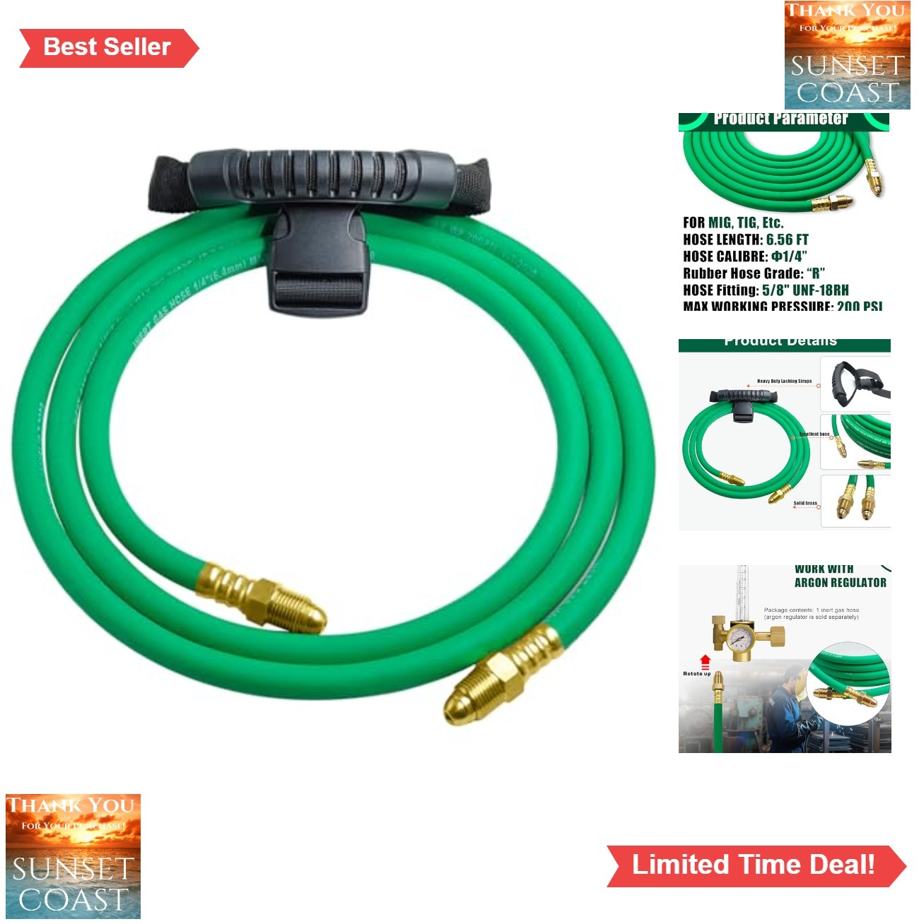 Argon Gas Hose 6.56FT 5/8-18 UNF 200 PSI MIG TIG Welding Regulator Inert Gas