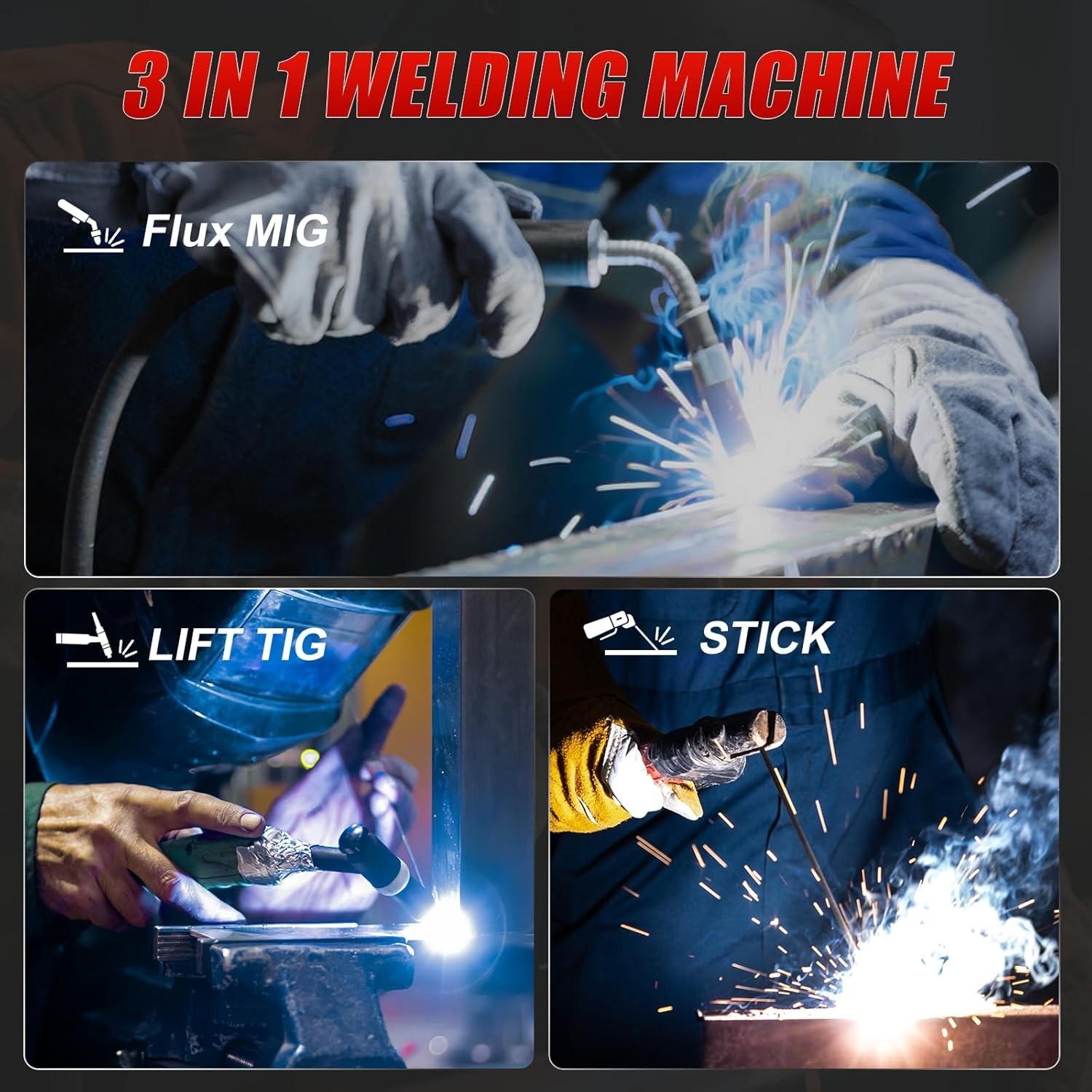 3 IN 1 Welder 140A Gasless Flux MIG/Lift Tig/Stick Welding Machine 110V Inverter