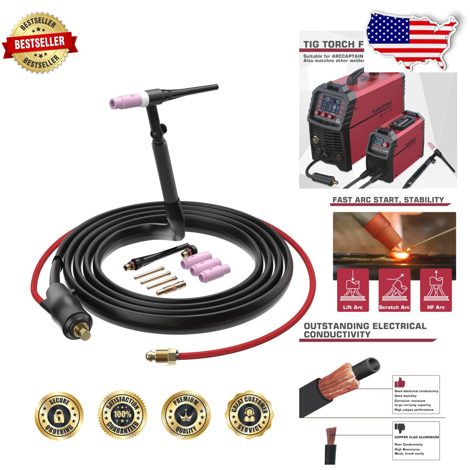 WP-17V TIG Torch 150A Lift Arc 13FT Red Hose, Durable, Ergonomic, 35-50mm