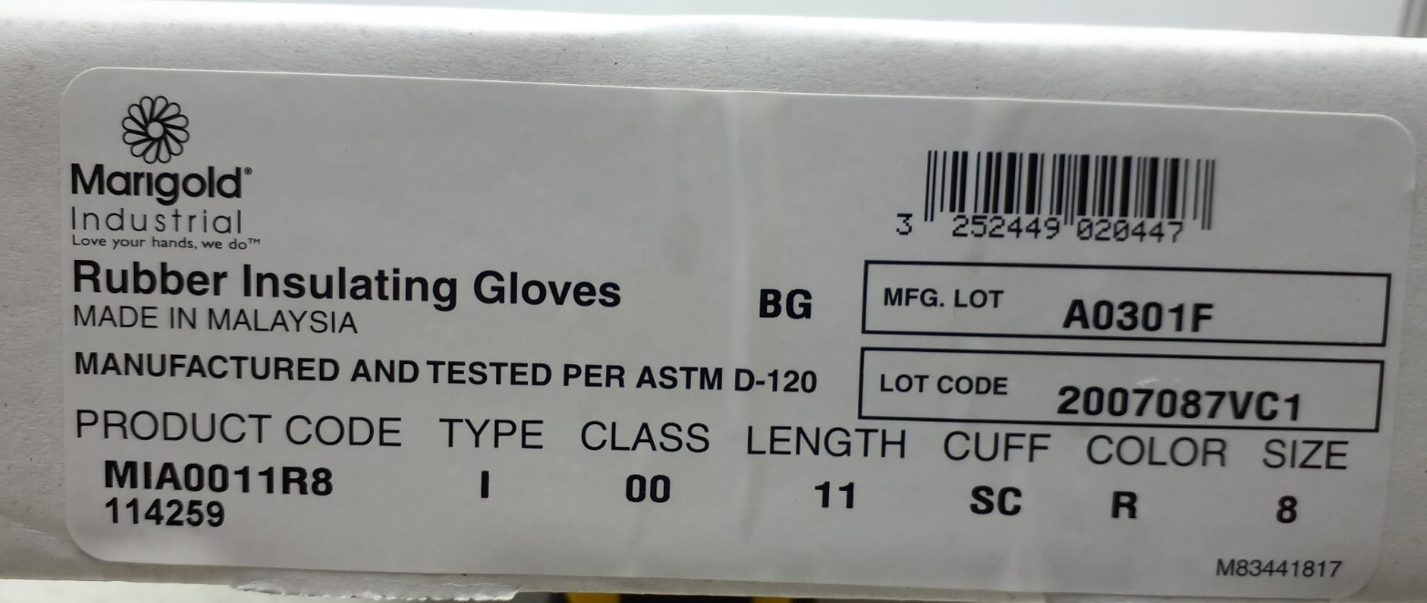 Ansell Marigold Class 00 R 11 Electrical Lineman Gloves Class-00 Red Size-8 Pair