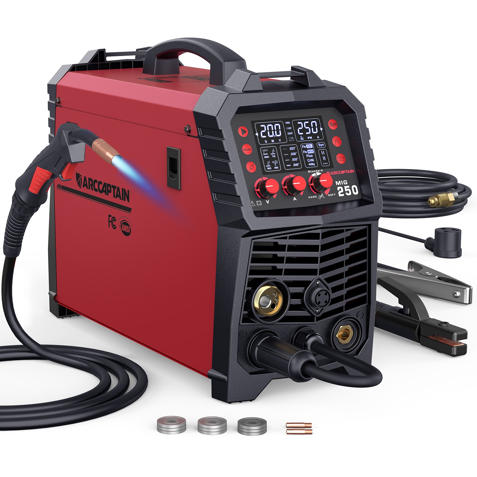 ARCCAPTAIN MIG Welder 250A 6 in 1 Aluminum LED Display Gas/Gasless MIG/Stick/TIG