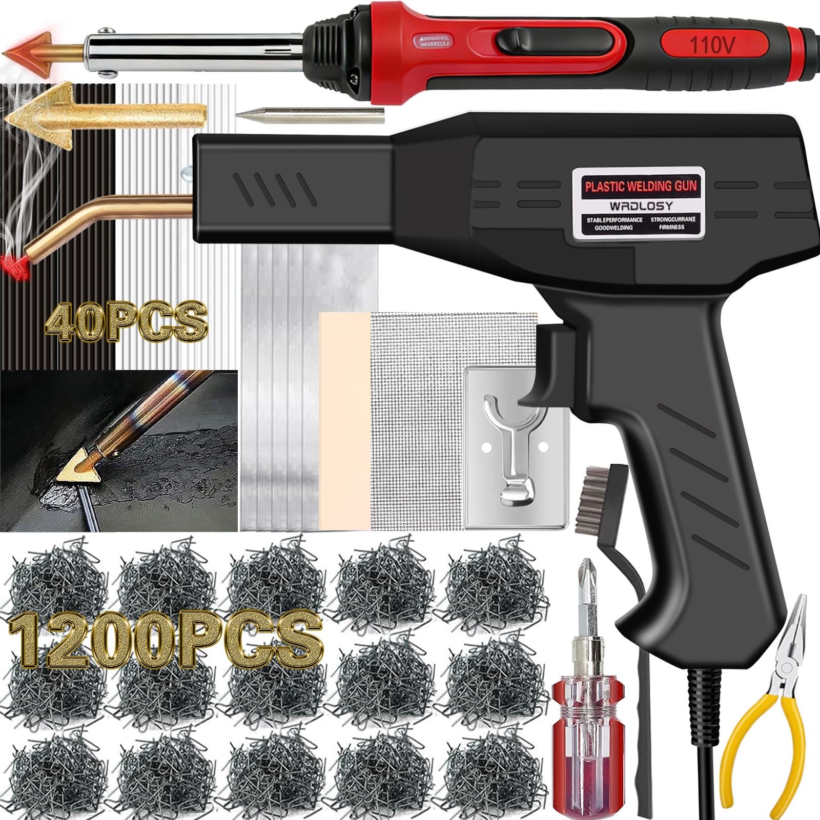 Wrdlosy 220W Plastic Welder, 1200PCS Staples 40PCS Rods Welding Black