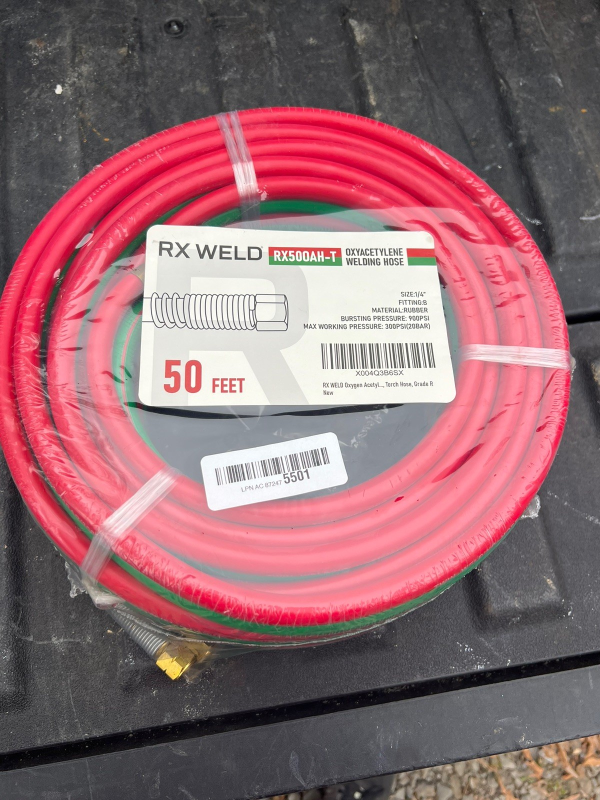 RX WELD 50 FT 1/4″ Oxy Acetylene Welding Hose with 9/16″-18 B Fittings