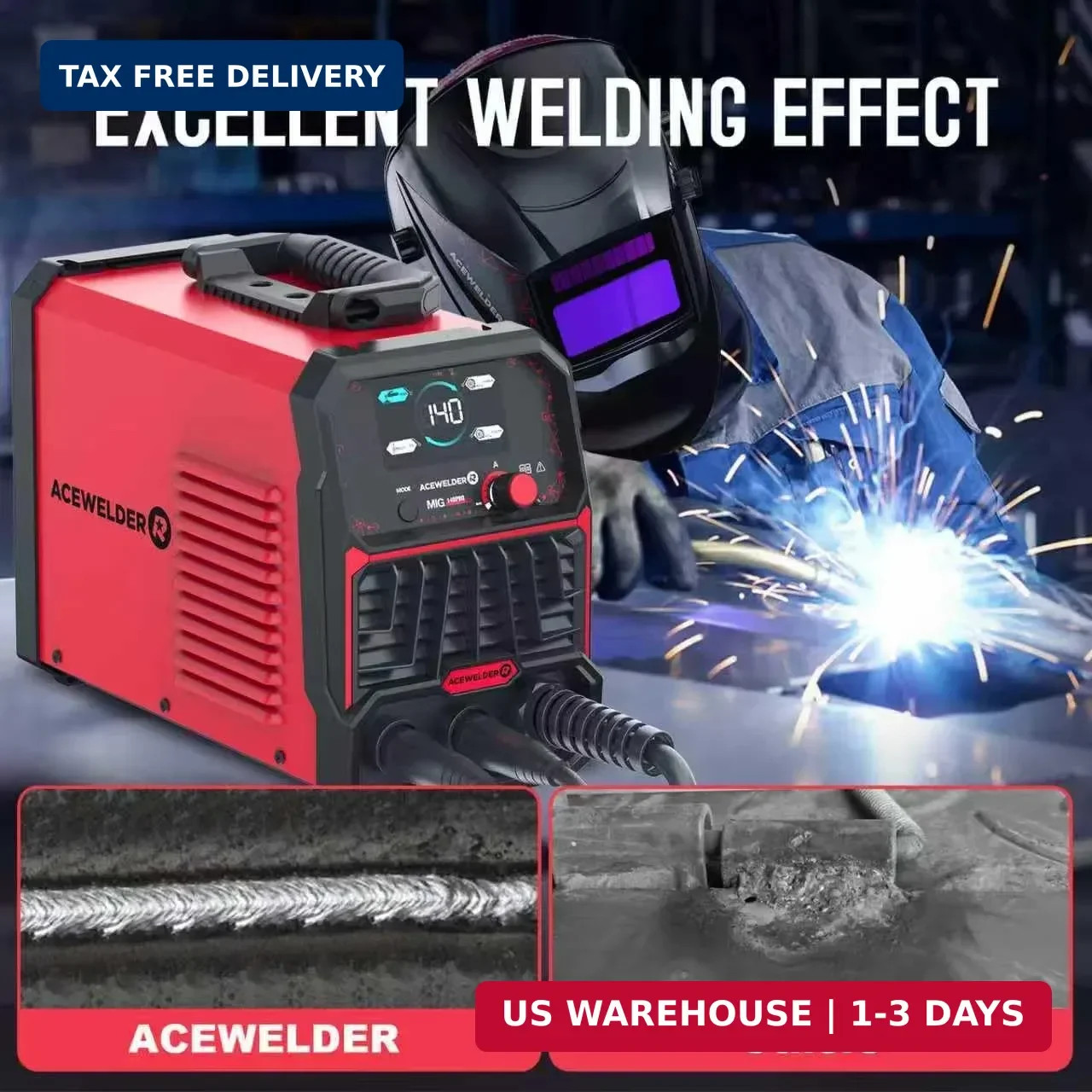 ACEWELDER 140A MIG Welder, 3 in 1 Flux Core, MIG/LIFT TIG/Stick Welding Machine