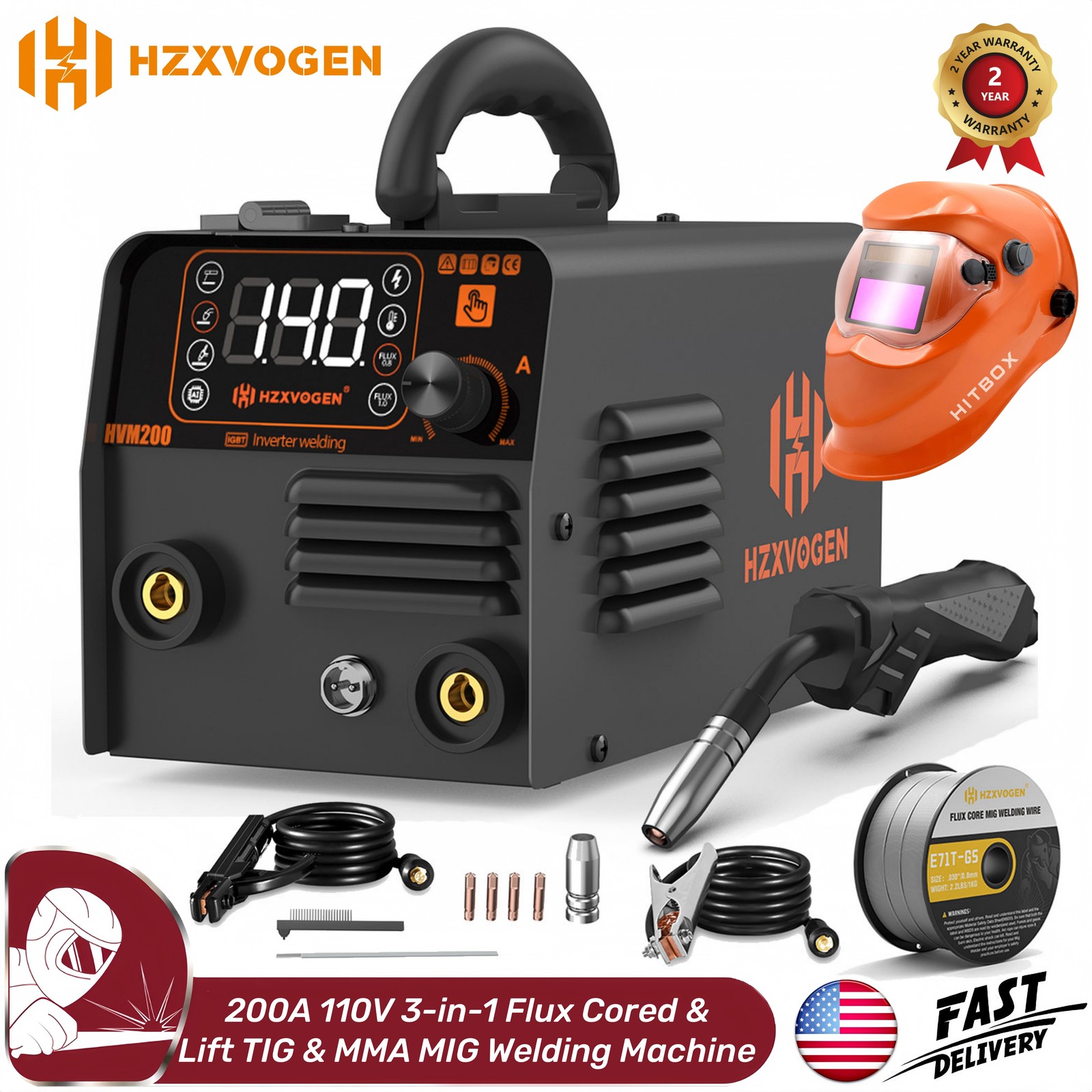 3IN1 Gasless MIG Welder 200A Flux MIG/Lift TIG/MMA 110V Welding Machine w/Helmet