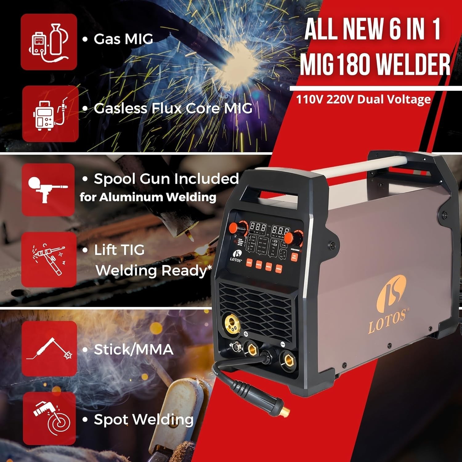 LOTOS MIG180 180A MIG Welder, 6 in 1 Gas MIG, Without Spool Gun, Stick, Lift