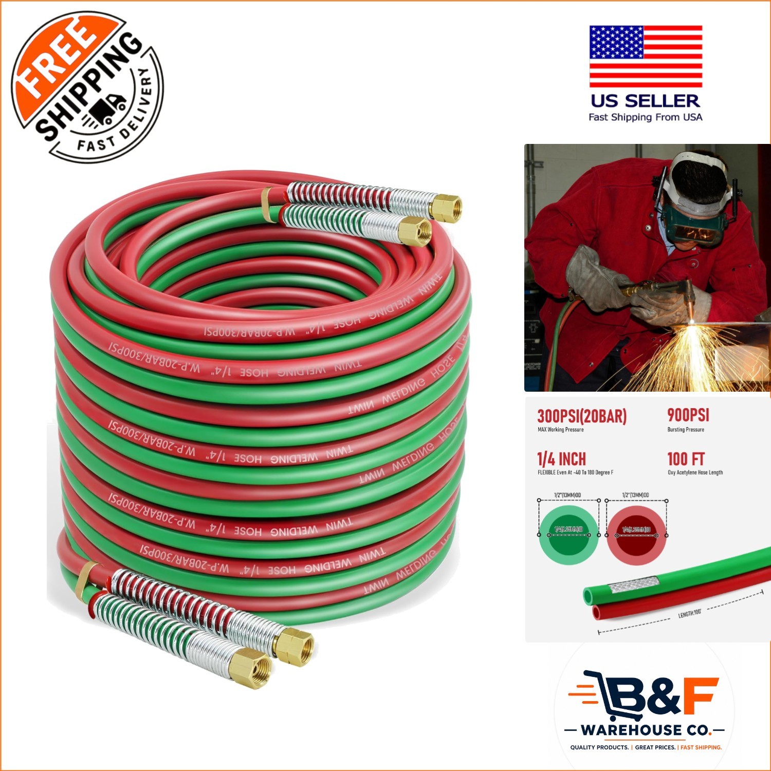 100 Feet Oxy Acetylene Welding Hose – 1/4″ Grade R Twin-Line Rubber br Perfec…