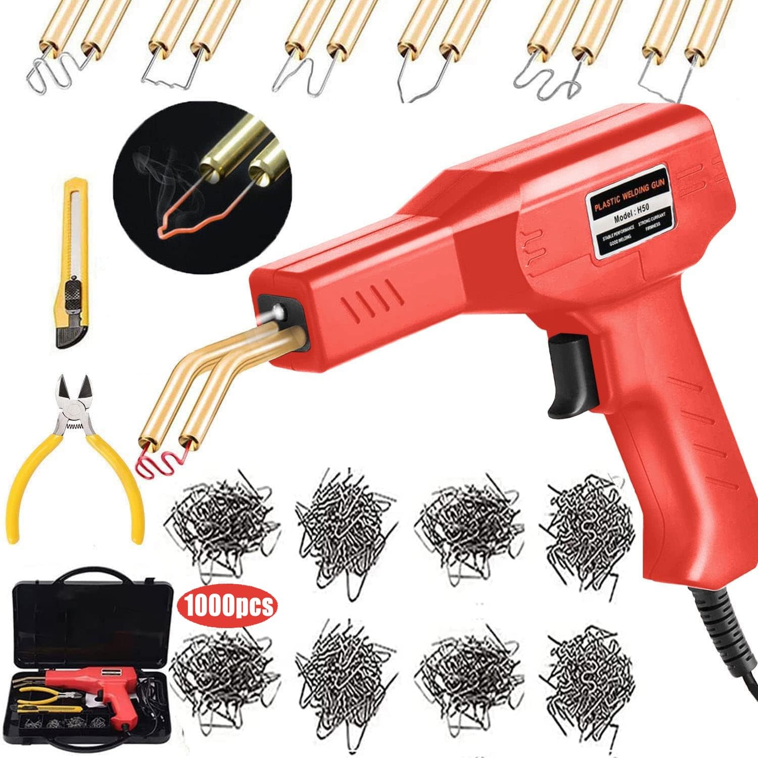 Plastic Welding Machine Car Bumper Repair Kit,6Types 50W Stapler red, Red