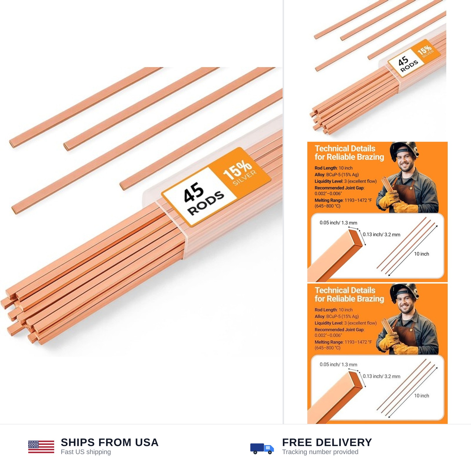 45pcs Brazing Rods AWS BCuP-5 15% Silver Solder Phos Copper Brazing Alloy Fla…