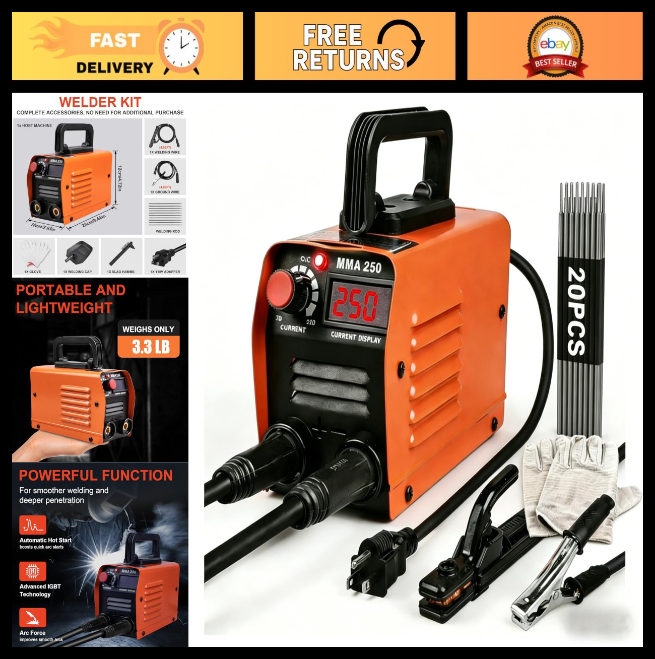 Portable 110V Mini Welding Machine – MMA-250A IGBT Inverter Welder, Hot Start, A