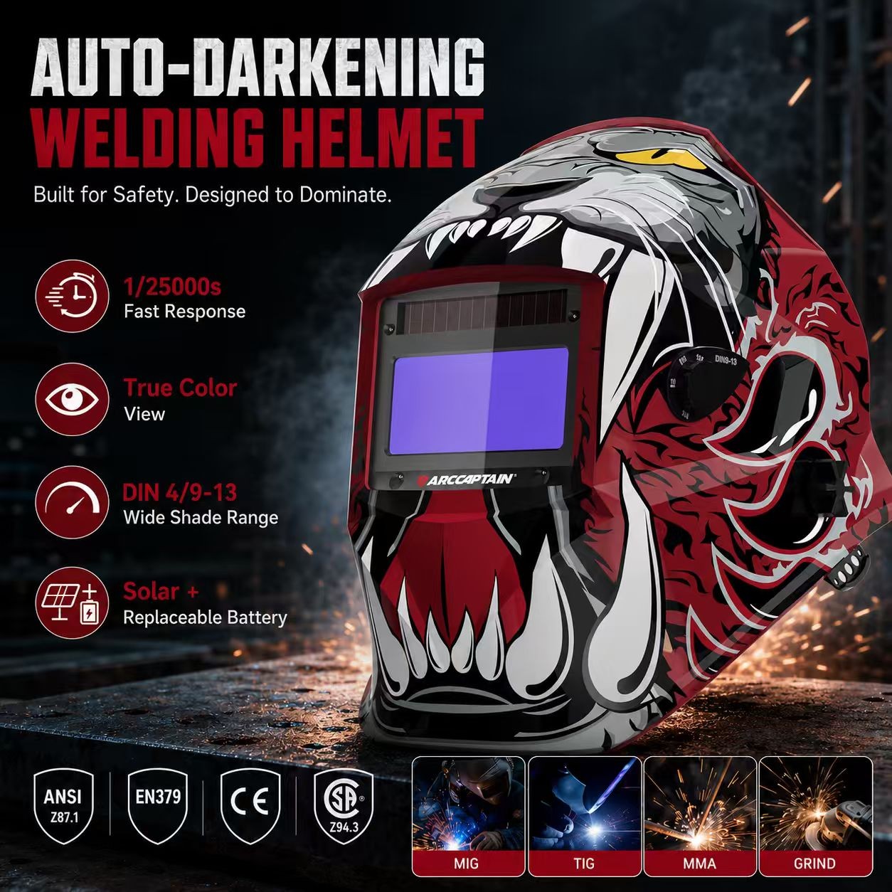 ARCCAPTAIN Auto-Darkening Welding Helmet – Large 3.86″ x 1.69″ Screen, 1/1/1/1