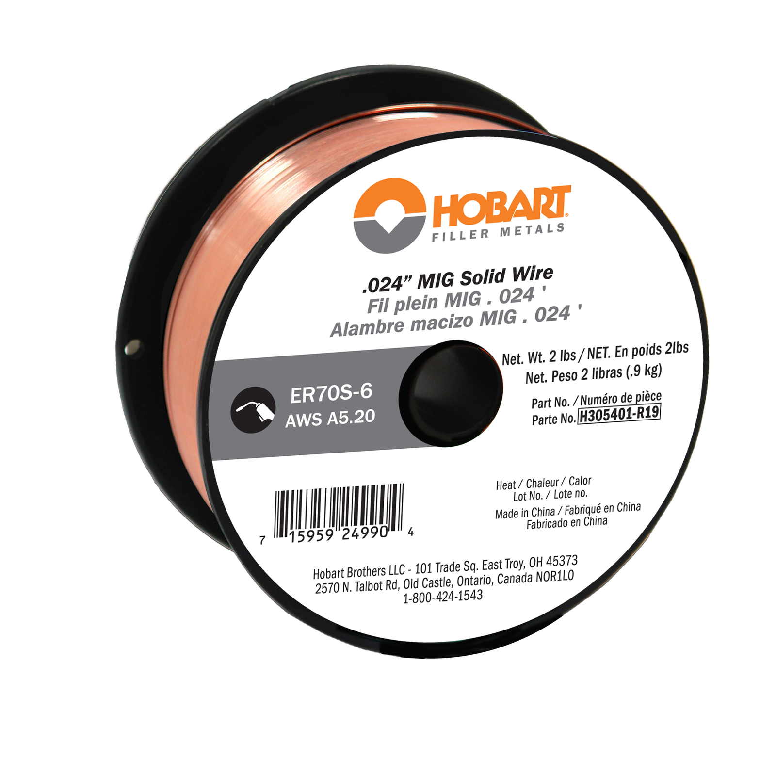 Hobart H305401-R19 ER 70S-6 carbon steel solid wire .024 – 2 lb. spool