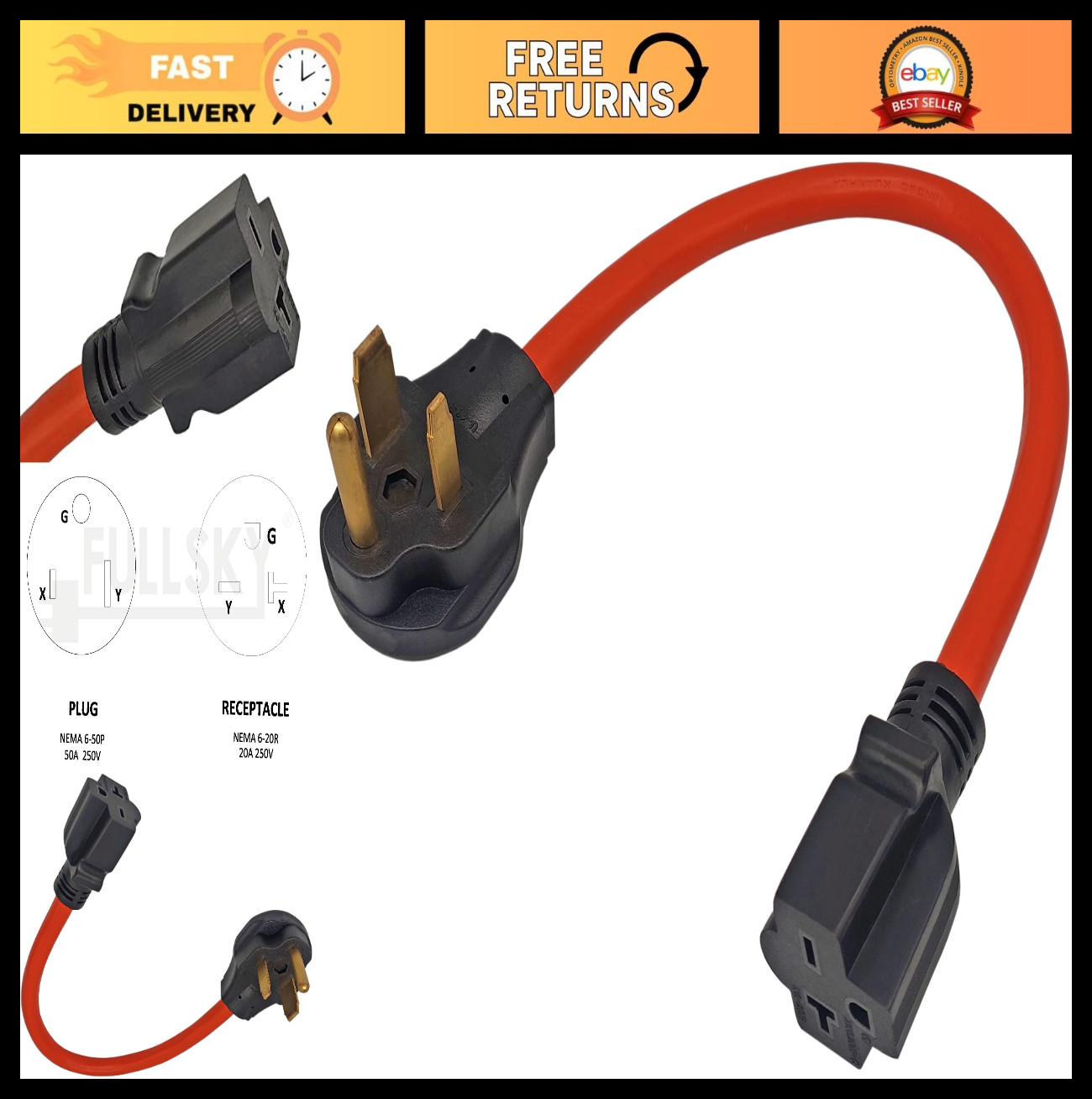 6-50P to 6-15R/6-20R Welder Power Adapter Cord, 3 Prong Male to Female Connector