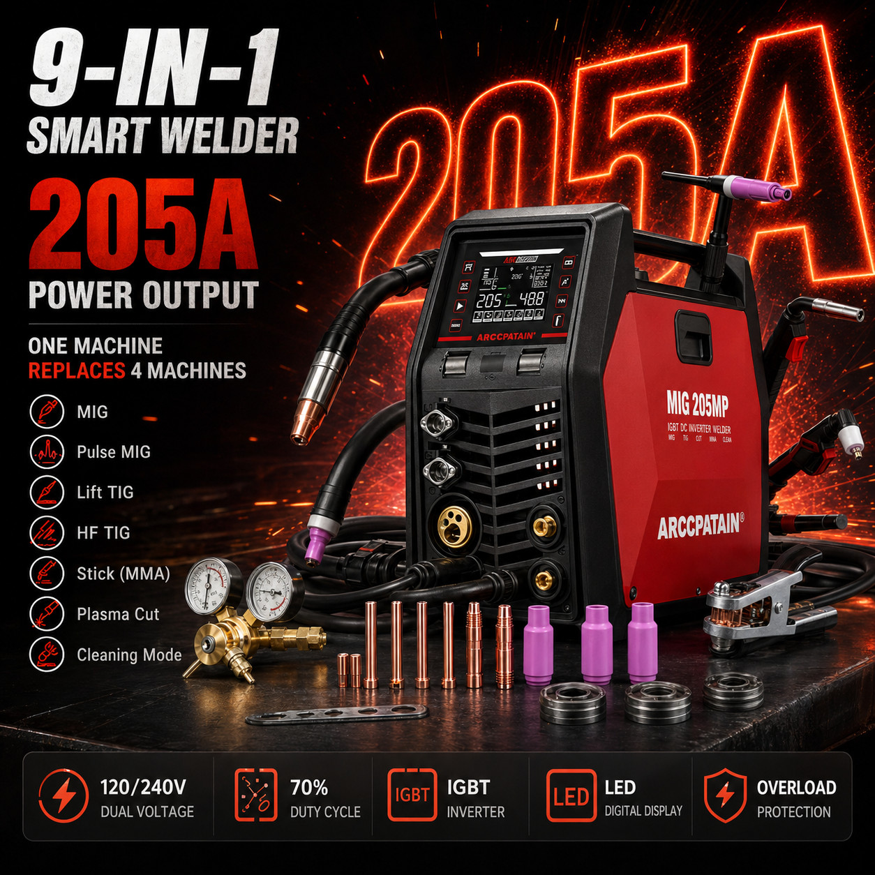 ARCCAPTAIN MIG205MP MIG Welder 9 IN 1 iControl APP Control with Foot Pedal