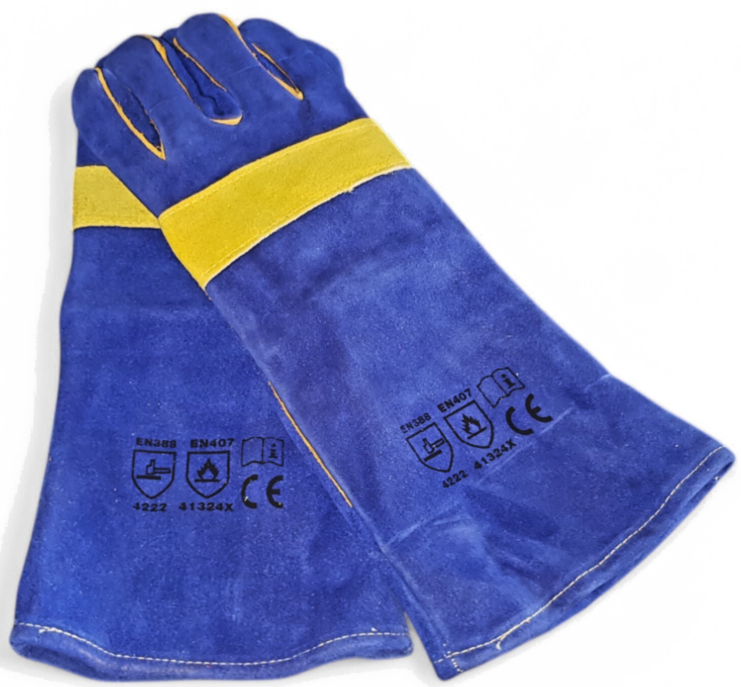 16″ COWSPLIT LEATHER, REINFORCED YELLOW THUMB PALMLINED WITH COTTON&FLEECE, BLUE