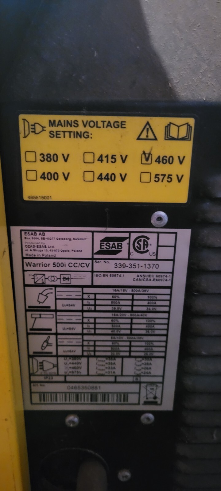 Esab warrior 500i cc/cv welder 480 inverter
