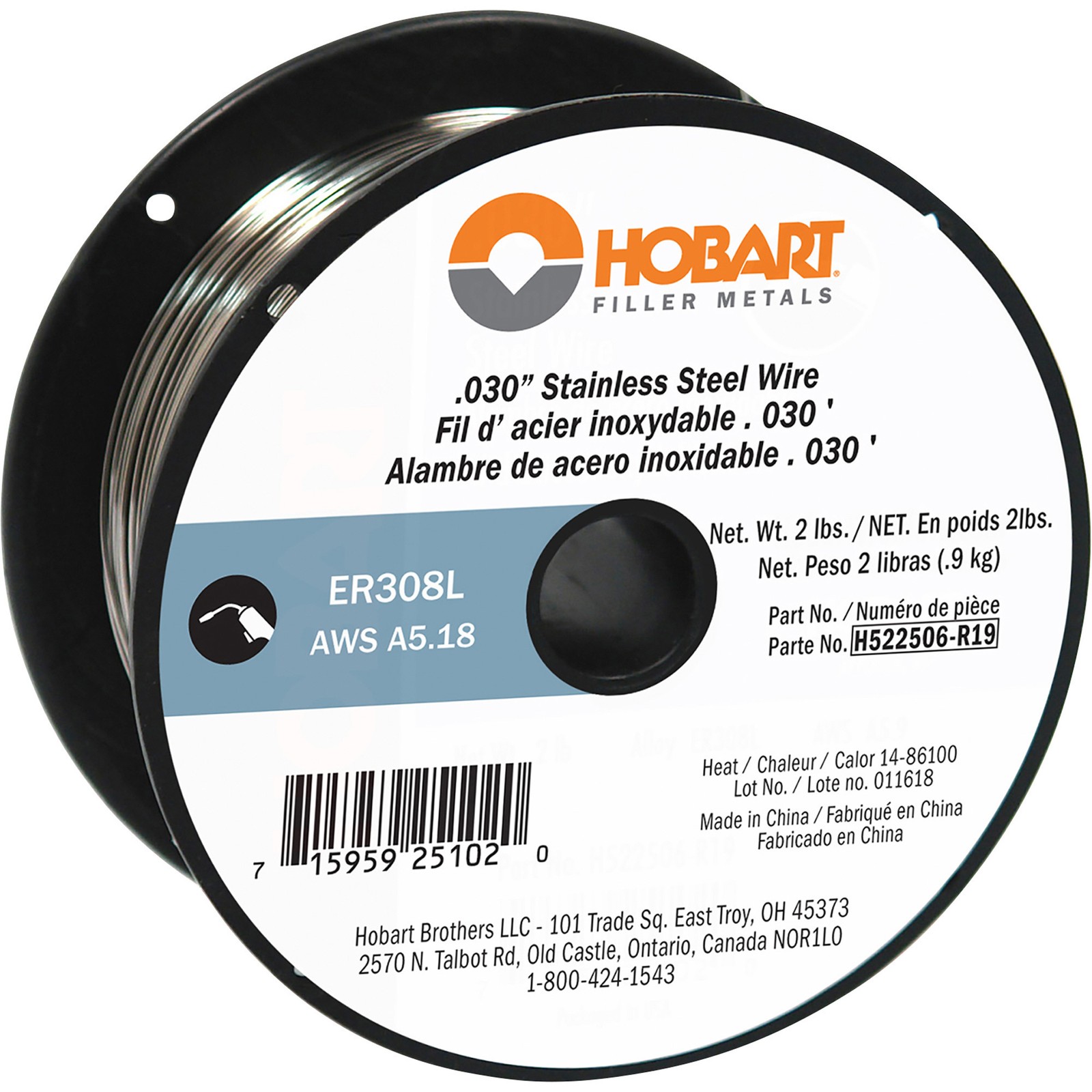 Hobart MIG Welding Wire, ER308L Stainless Steel, .030in., 2-Lb. Spool, Model#