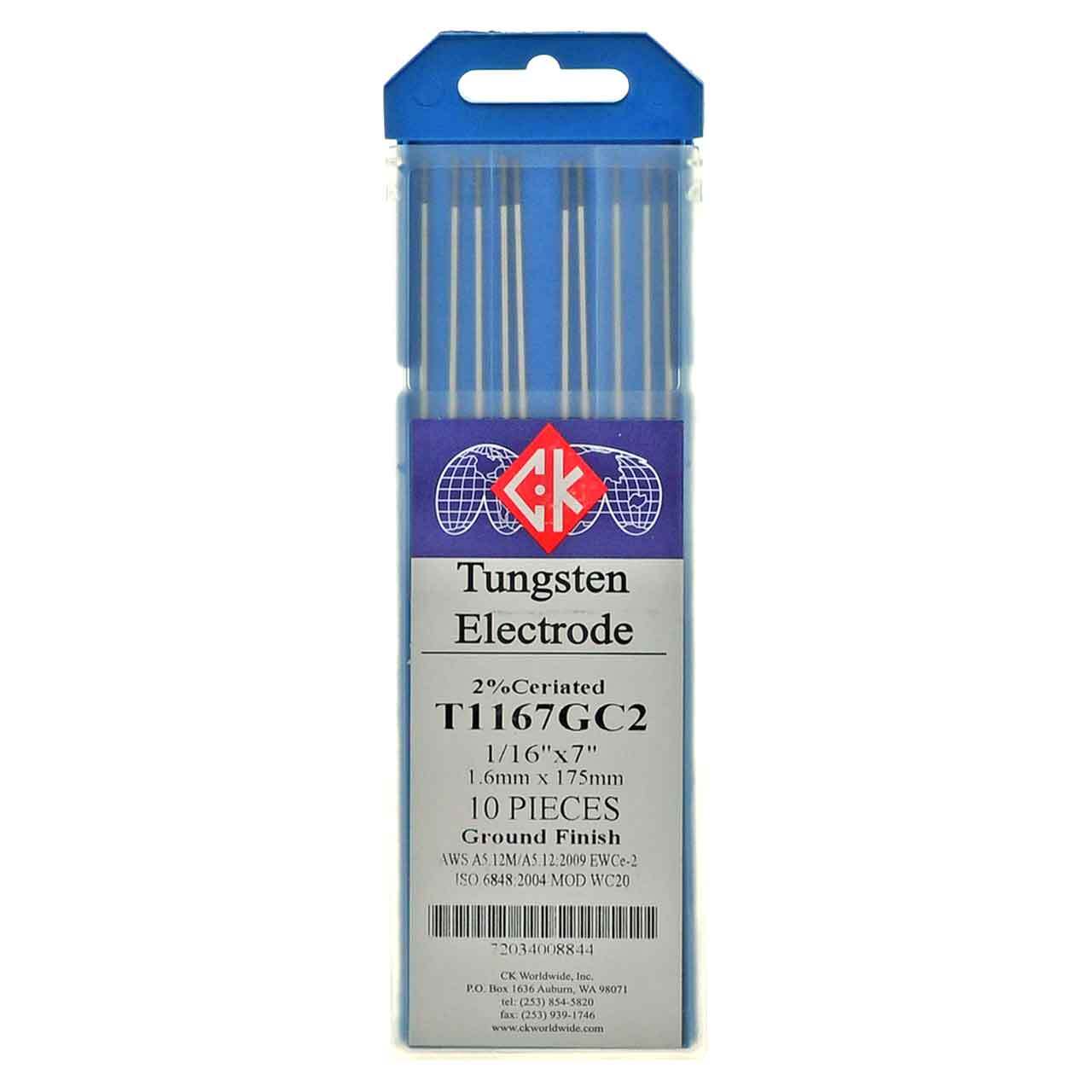 CK T1167GC2 2% Ceriated Tungsten Electrode 1/16″ X 7″ 10 pack
