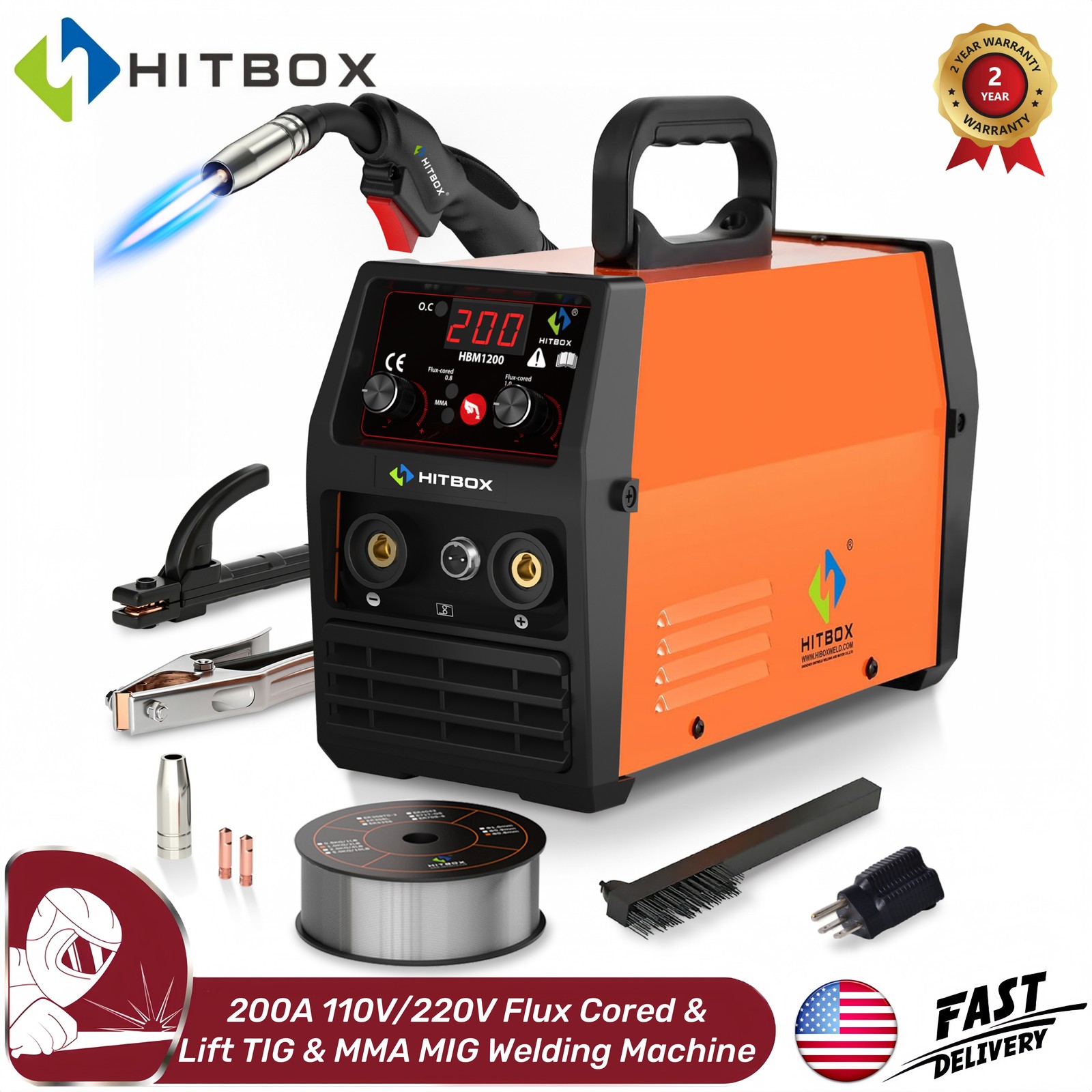 HITBOX 3 in 1 200A MIG Welder Flux Core 110V/220V STICK TIG MIG Welding Machine