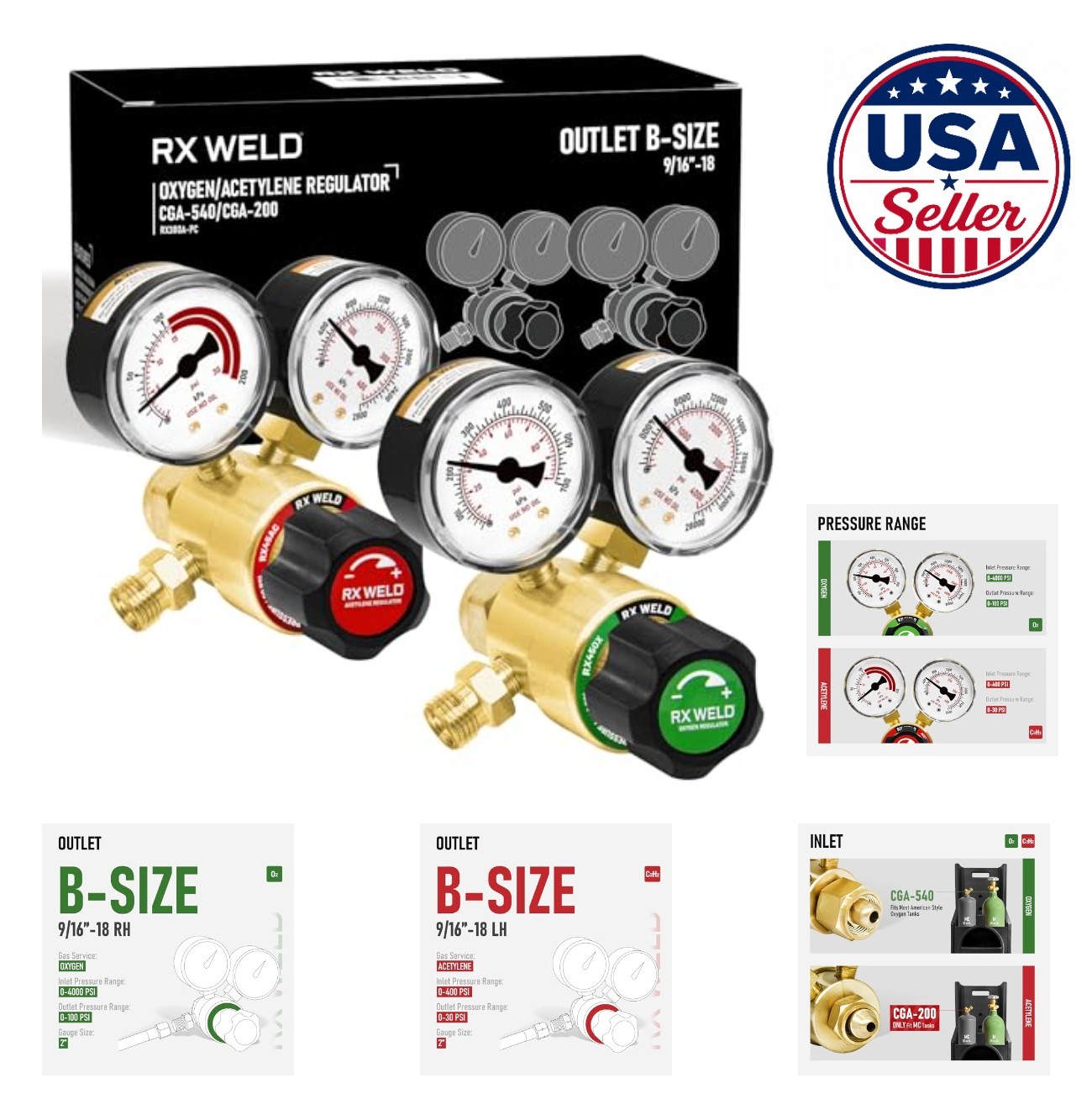 Oxy Acetylene Regulator Set CGA540 CGA200 0-4000 PSI Inlet Welding Gas Brass