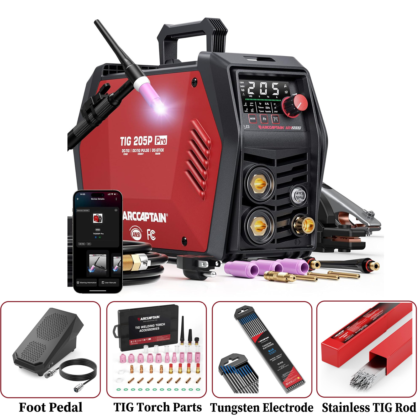 ARCCAPTAIN iControl 205A TIG Welder 5-In-1 DC/Pulse/Lift/Spot TIG & Stick 2T/4T