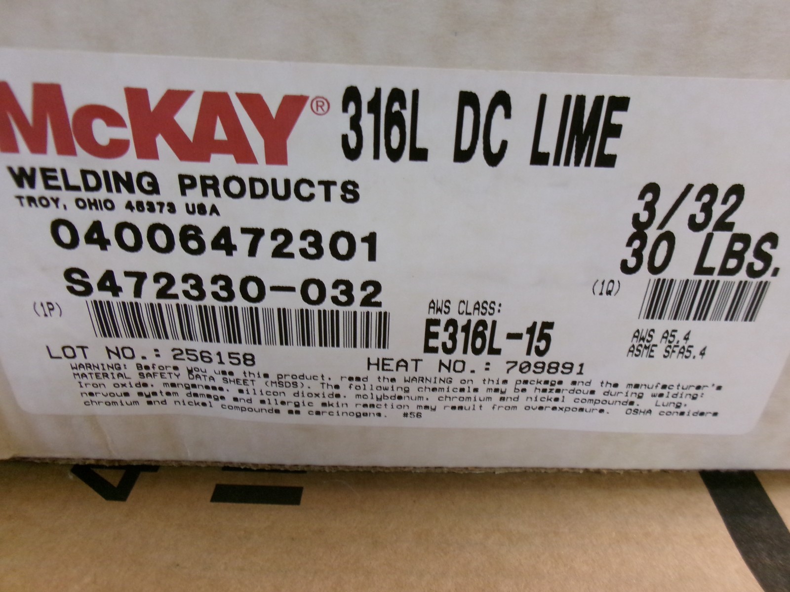 McKay 316L DC Lime Welding Rods 3/32″ , 6=5 pound Tubes , 30 Pounds Net