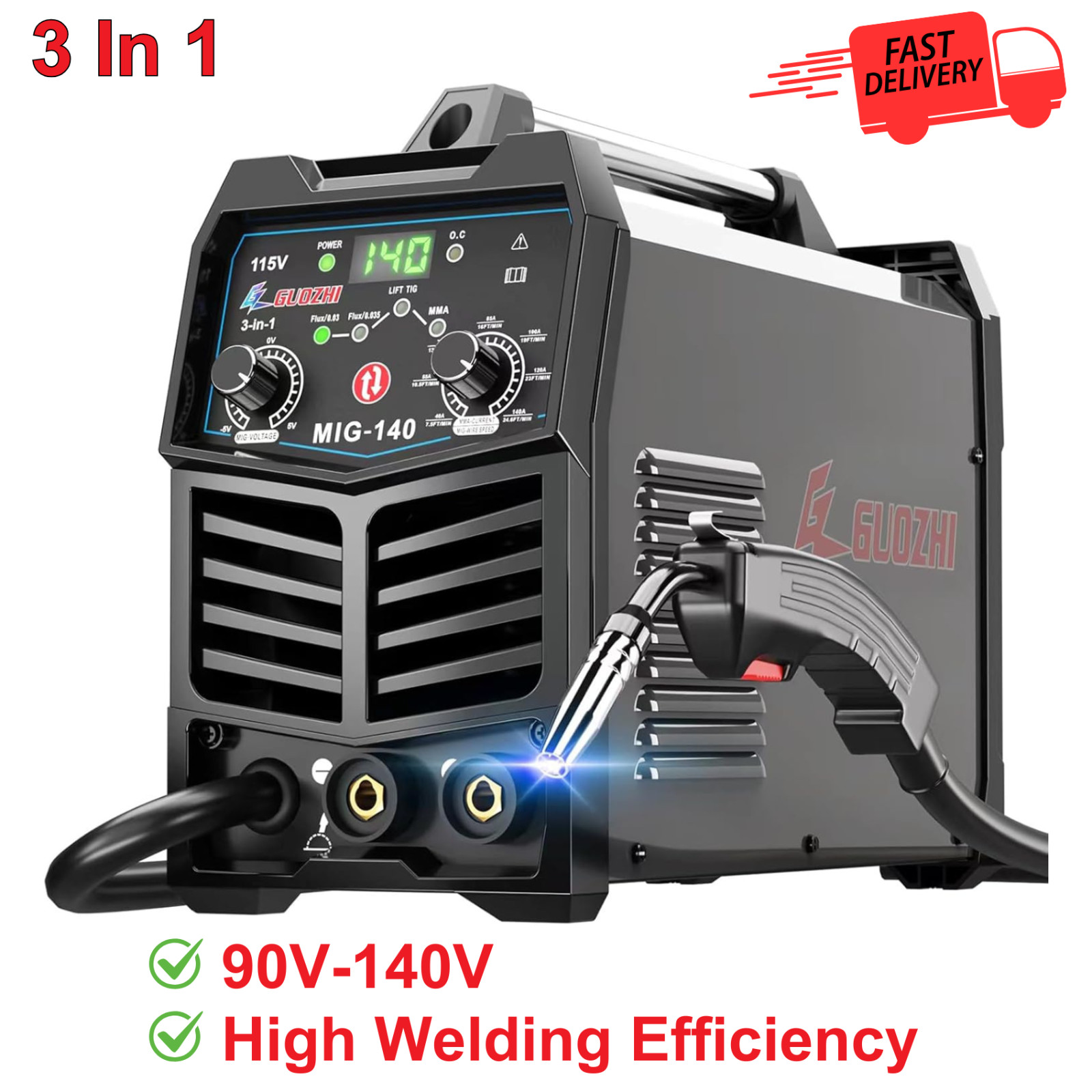 GZ GUOZHI 140A MIG Welder, 110V Flux Core/Lift TIG/ARC Welding Machine, 3-in-1