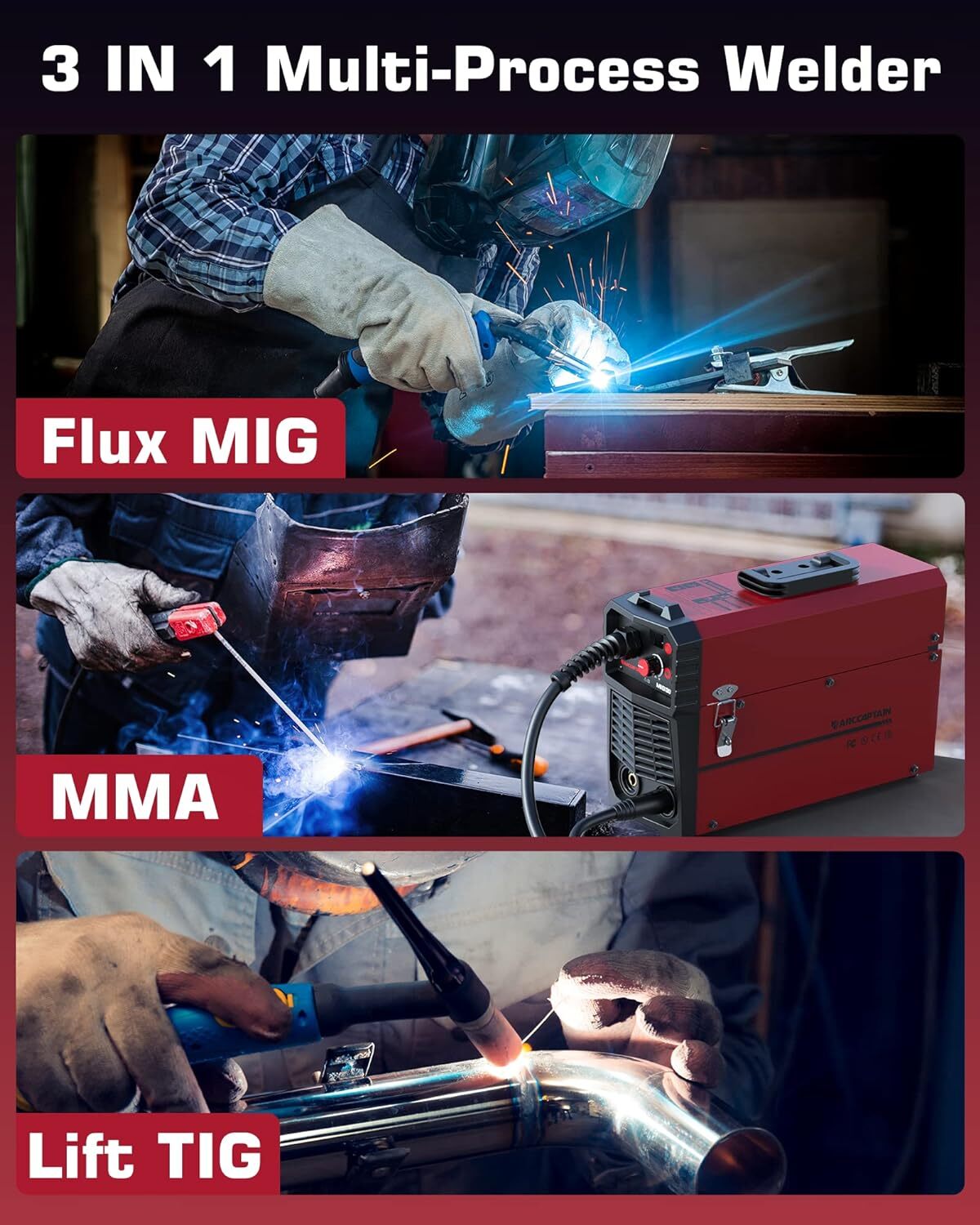 ARCCAPTAIN 130A MIG Welder, Flux Core /MIG/Lift TIG/Stick 3 in1 Welding Machine