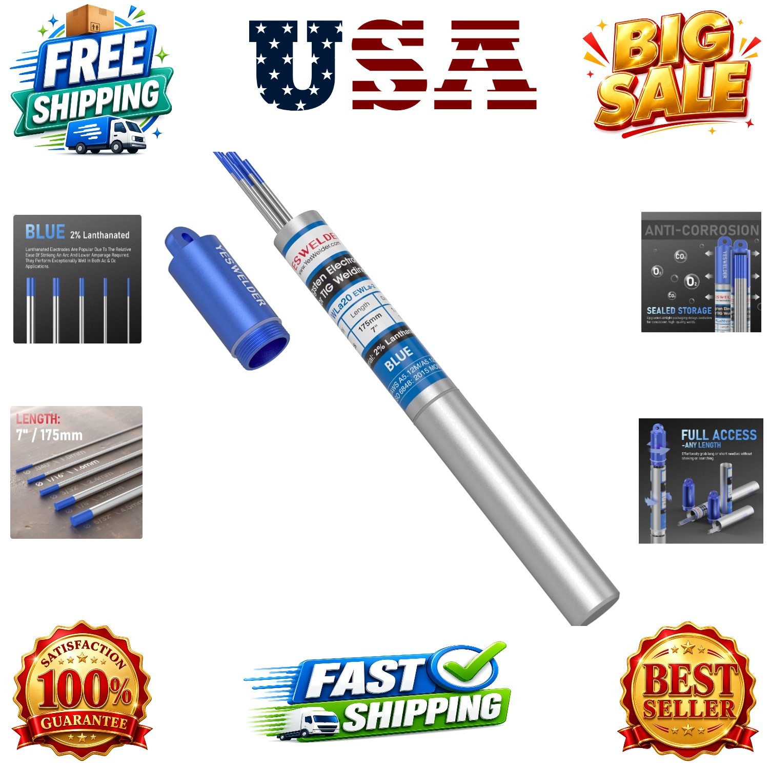 TIG Welding Tungsten Electrode 2% Lanthanated 1/16″ x 7″ Blue, WL20/EWLa-2 10-pk