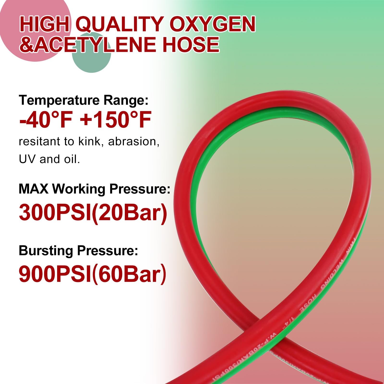 Oxygen Acetylene Twin Welding Hose 1/4-Inch × 25 Feet with 9/16”-18 B fittings,R