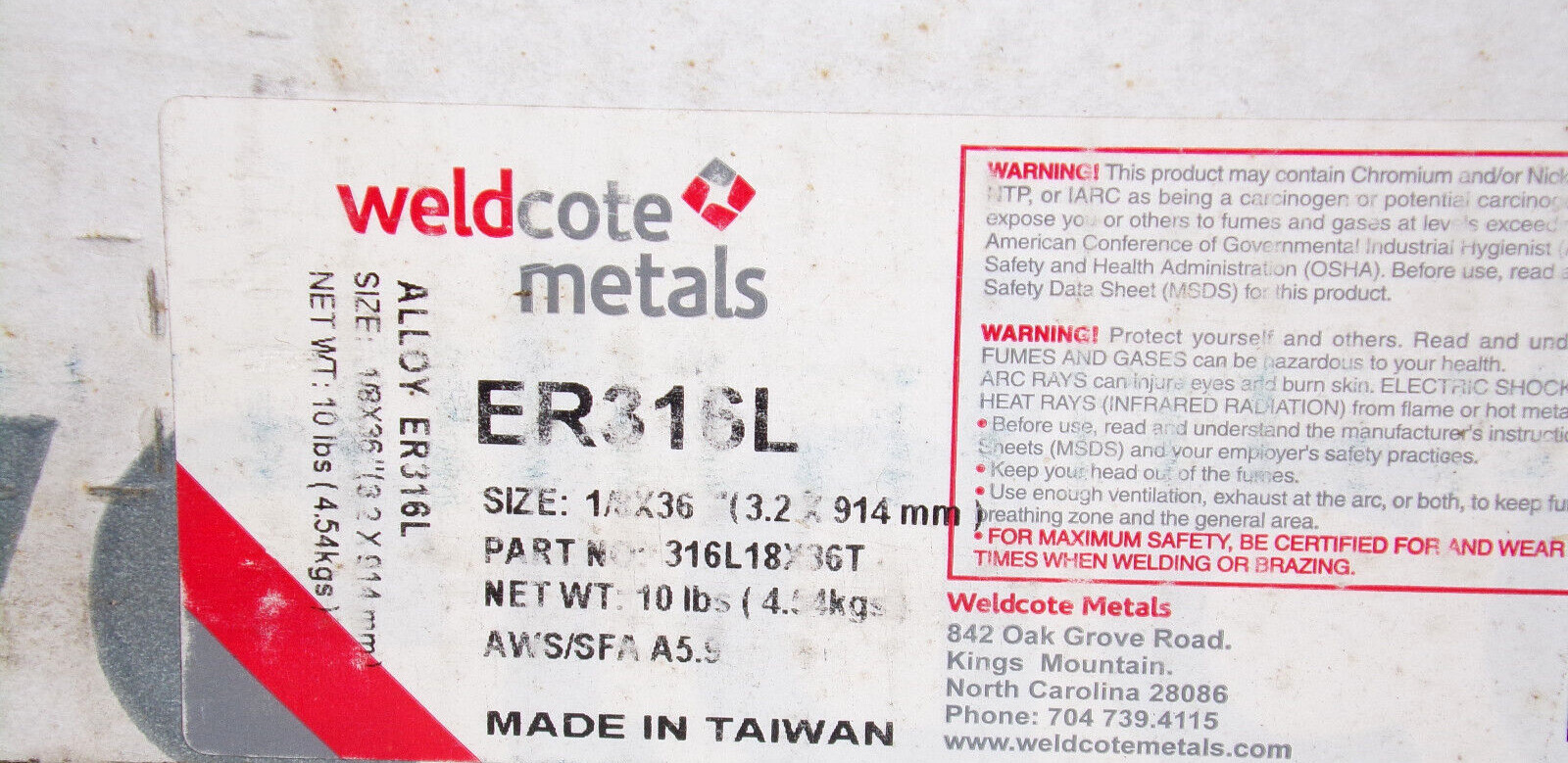 10lbs Weldcote Metals ER316L Welding Rod, 1/8″ x 36″ 316L18X36T, A5.9