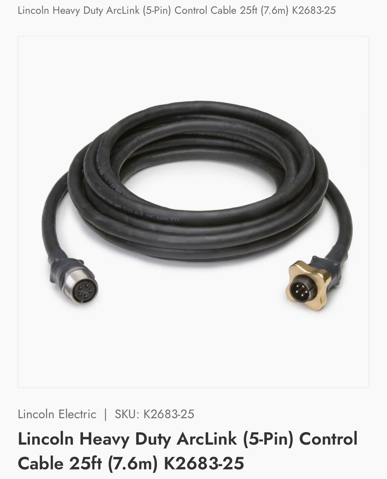 Lincoln Electric Heavy Duty ArcLink® (5-Pin) Control Cable – 25ft K2683-25