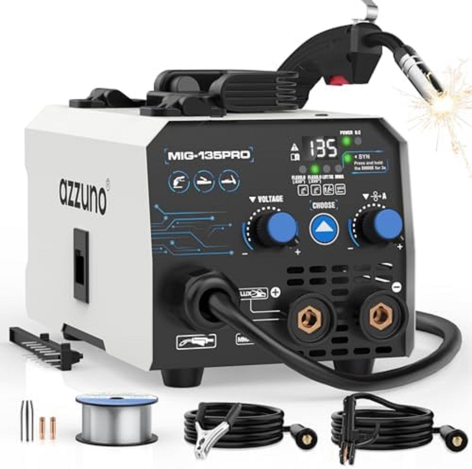 AZZUNO 135A MIG Welder 110v, 3 in 1 MIG Welder Machine Flux Core Welder
