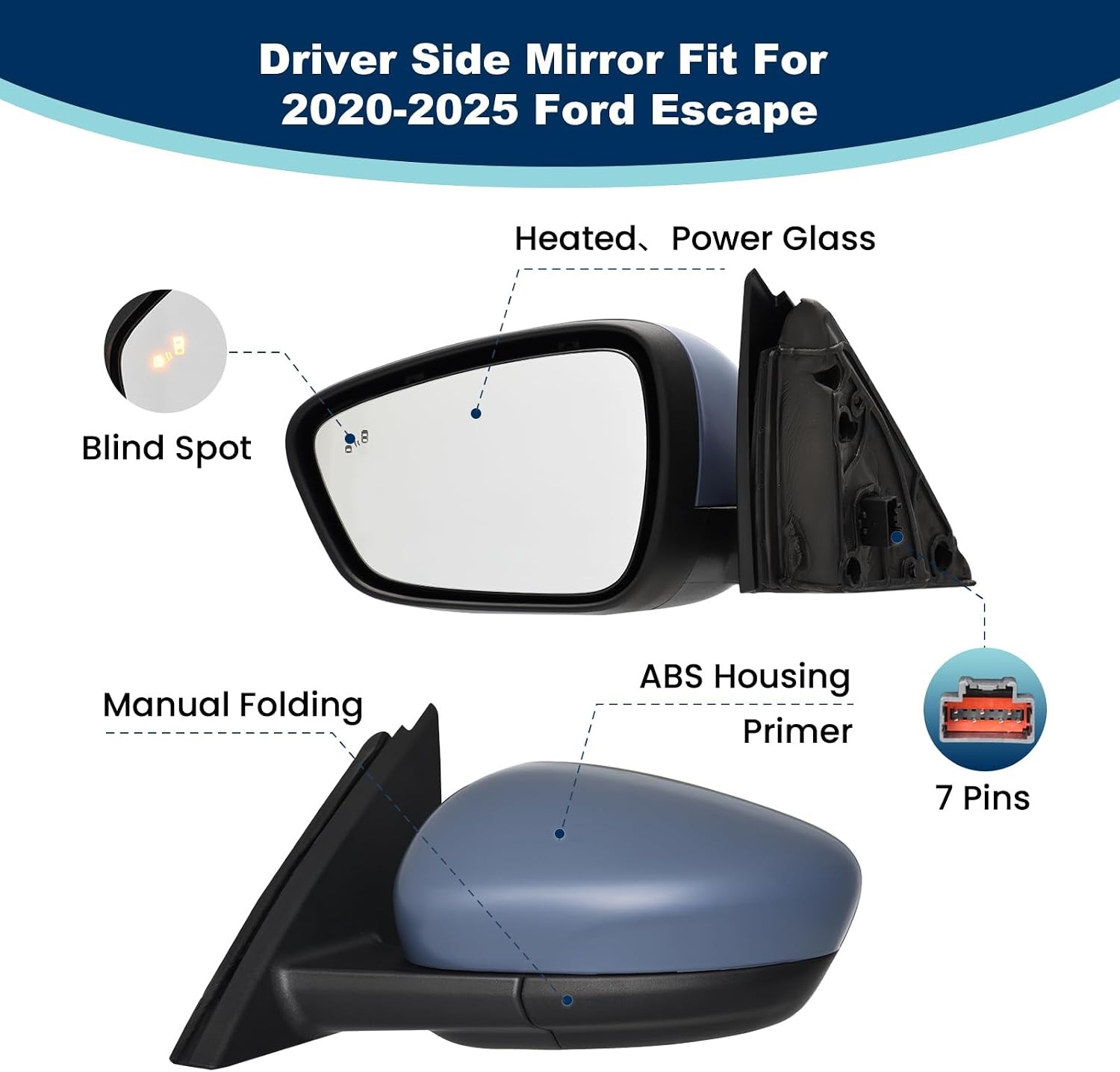 Left Driver Side Mirror Replacement Fits Ford Escape 2020-2025 with Heated、Power