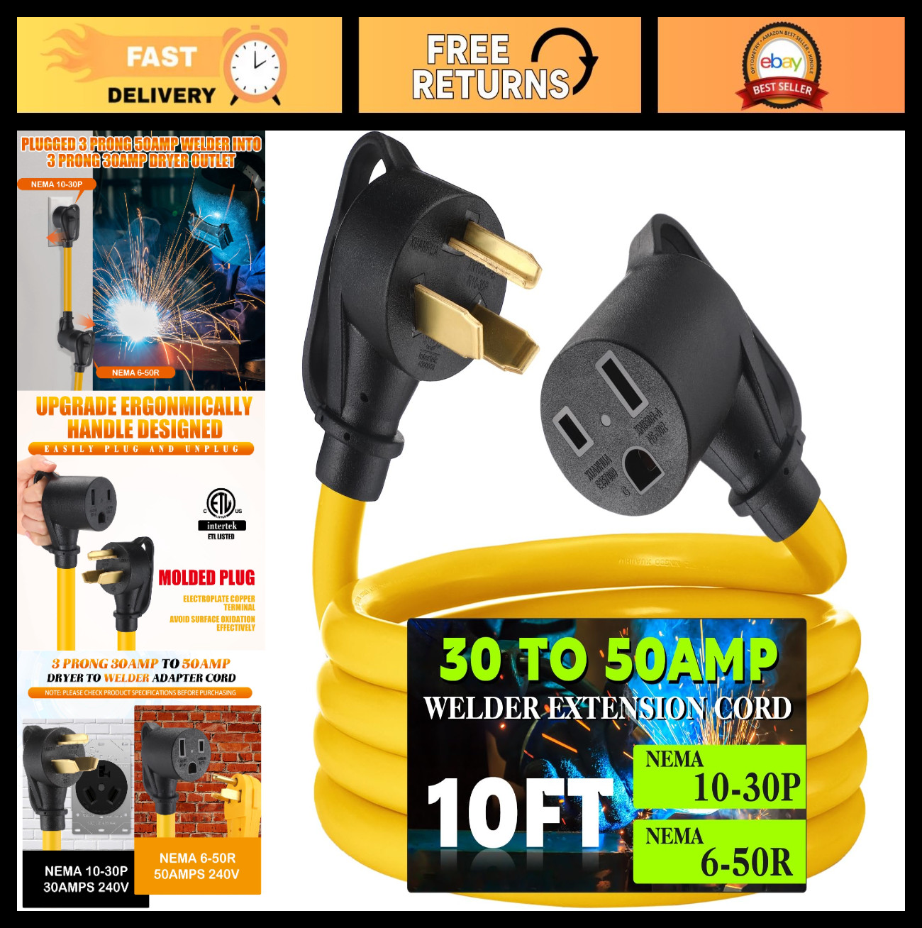 10ft Welder Adapter Cord NEMA 10-30P to 6-50R, 30A to 50A Extension Cable, ETL L