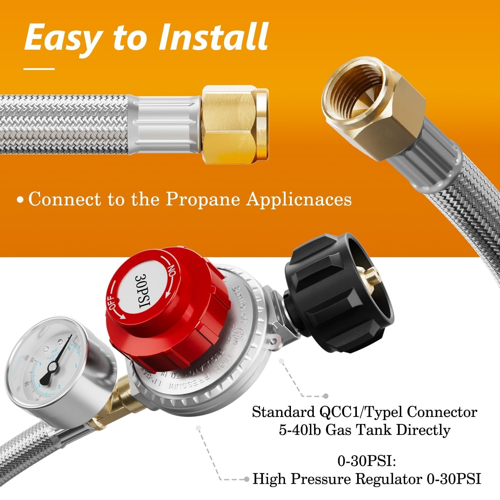 NUPICK 6FT 0-30 PSI Adjustable High Pressure Propane 6ft, Stainless Steel