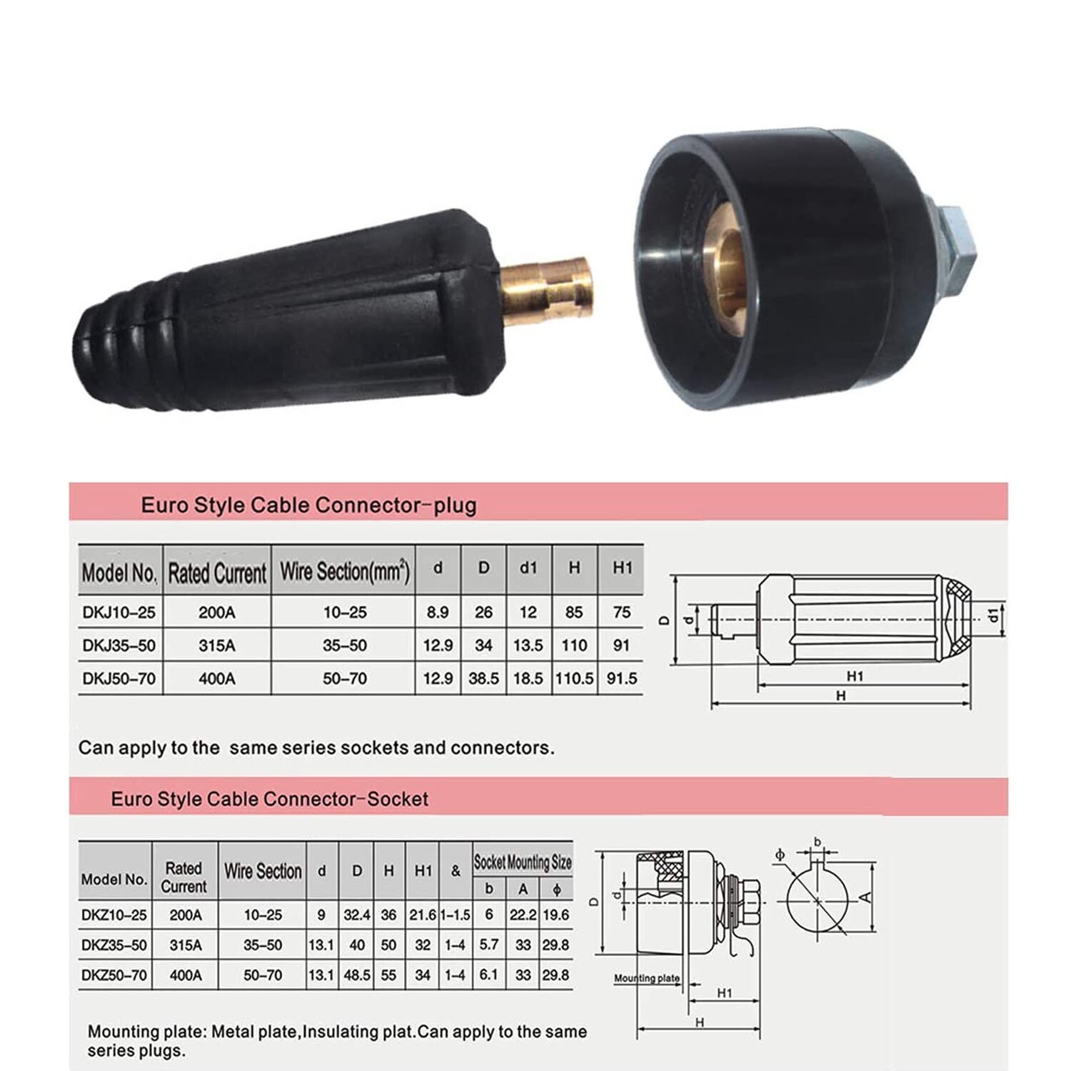TIG Welding Cable Panel Connector-Plug DKJ35-50 315Amp Dinse Quick Fitting 2pcs
