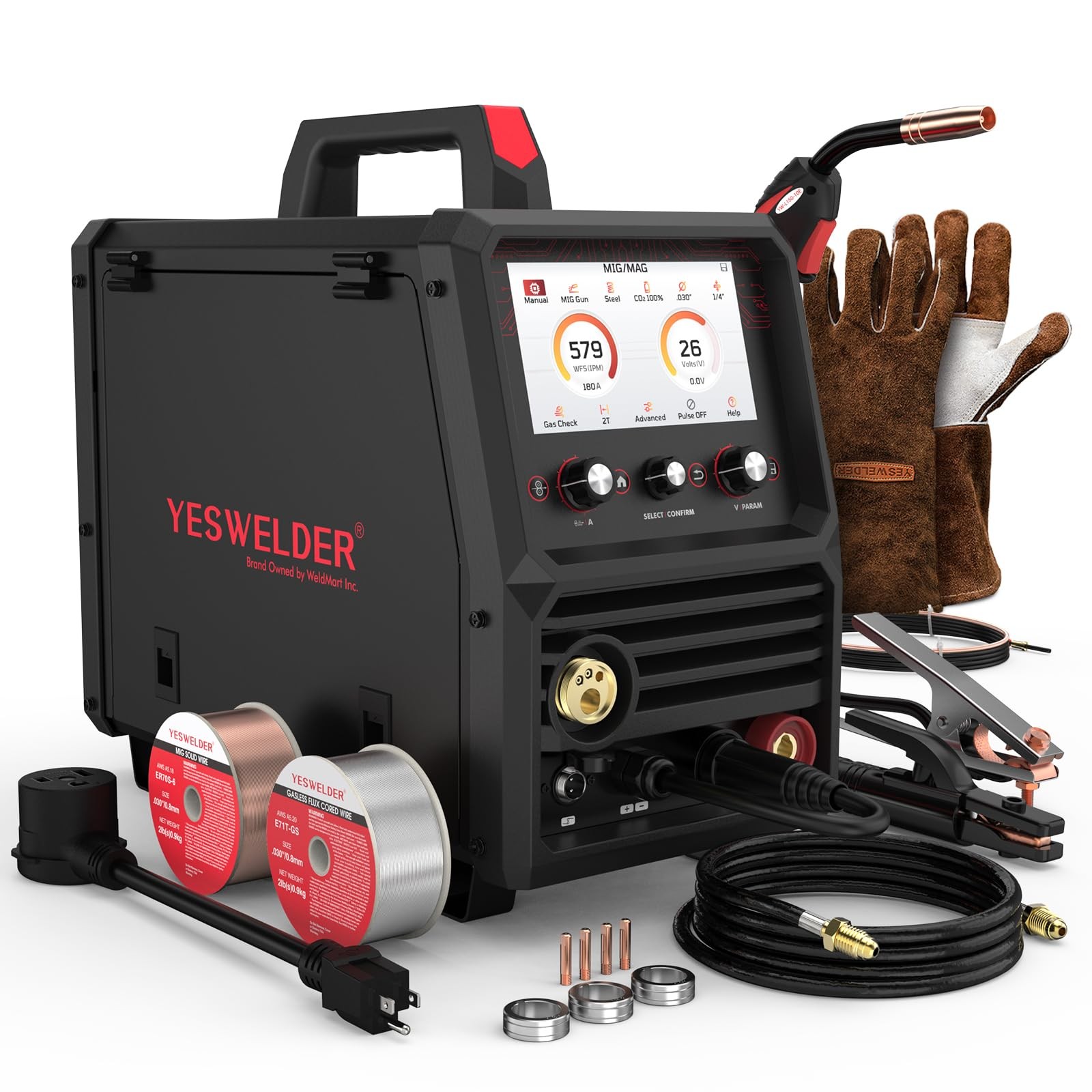 YESWELDER Firstess SP200 MIG Welder Kit, with Welding Gloves & Black, Red