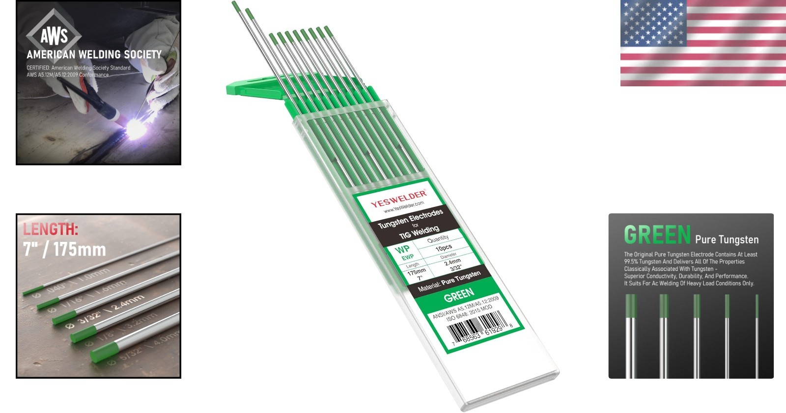 High-Performance 3/32″ x 7″ Green Tungsten Electrodes – 10 Pack for AC Welding