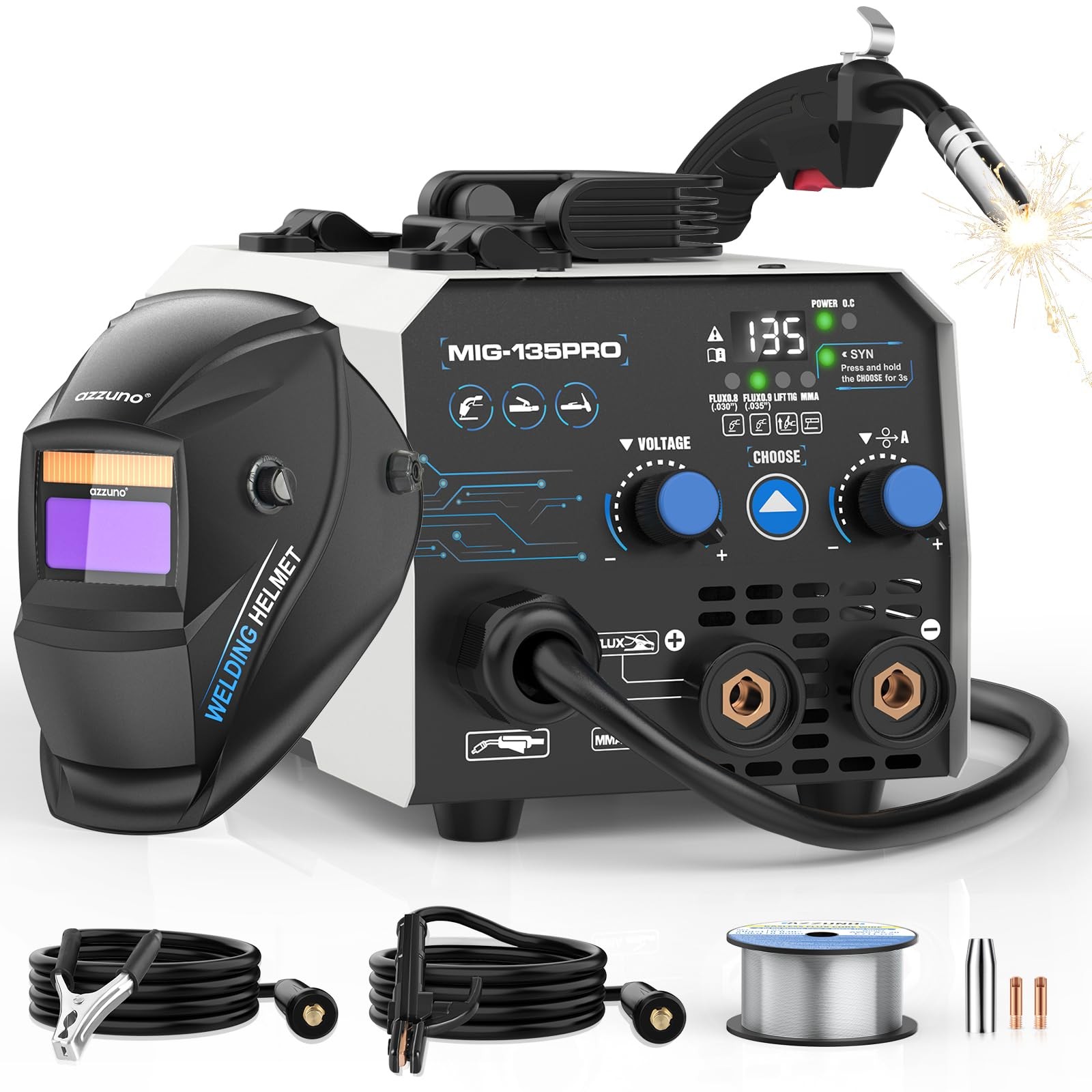 AZZUNO 135A Flux MIG Welder with Helmet, 110V 3-in-1 Stick/Lift TIG