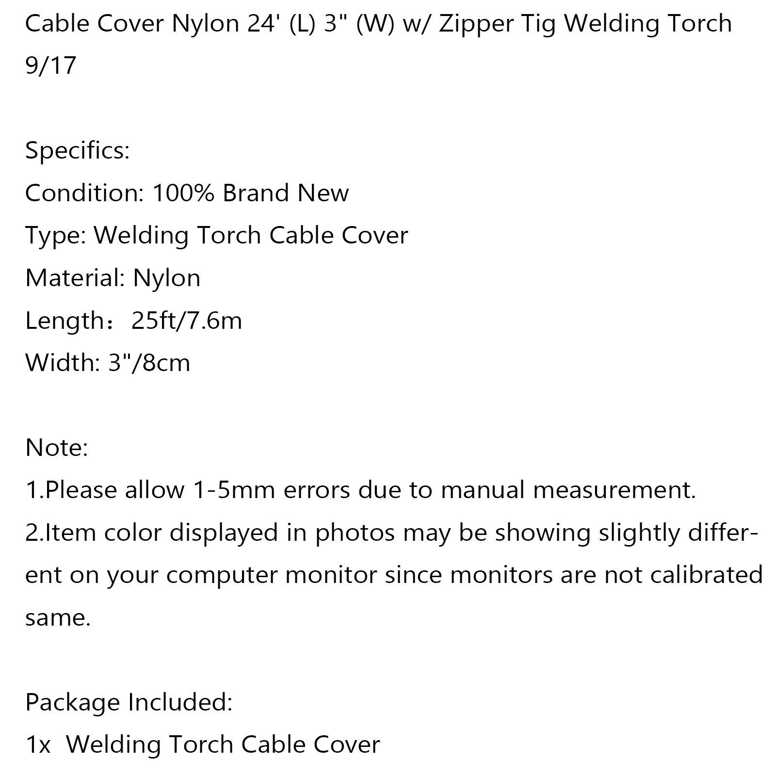 Cable Cover Nylon 23′ (L) 3″ (W) w/ Zipper Tig Welding Torch 9/17 US