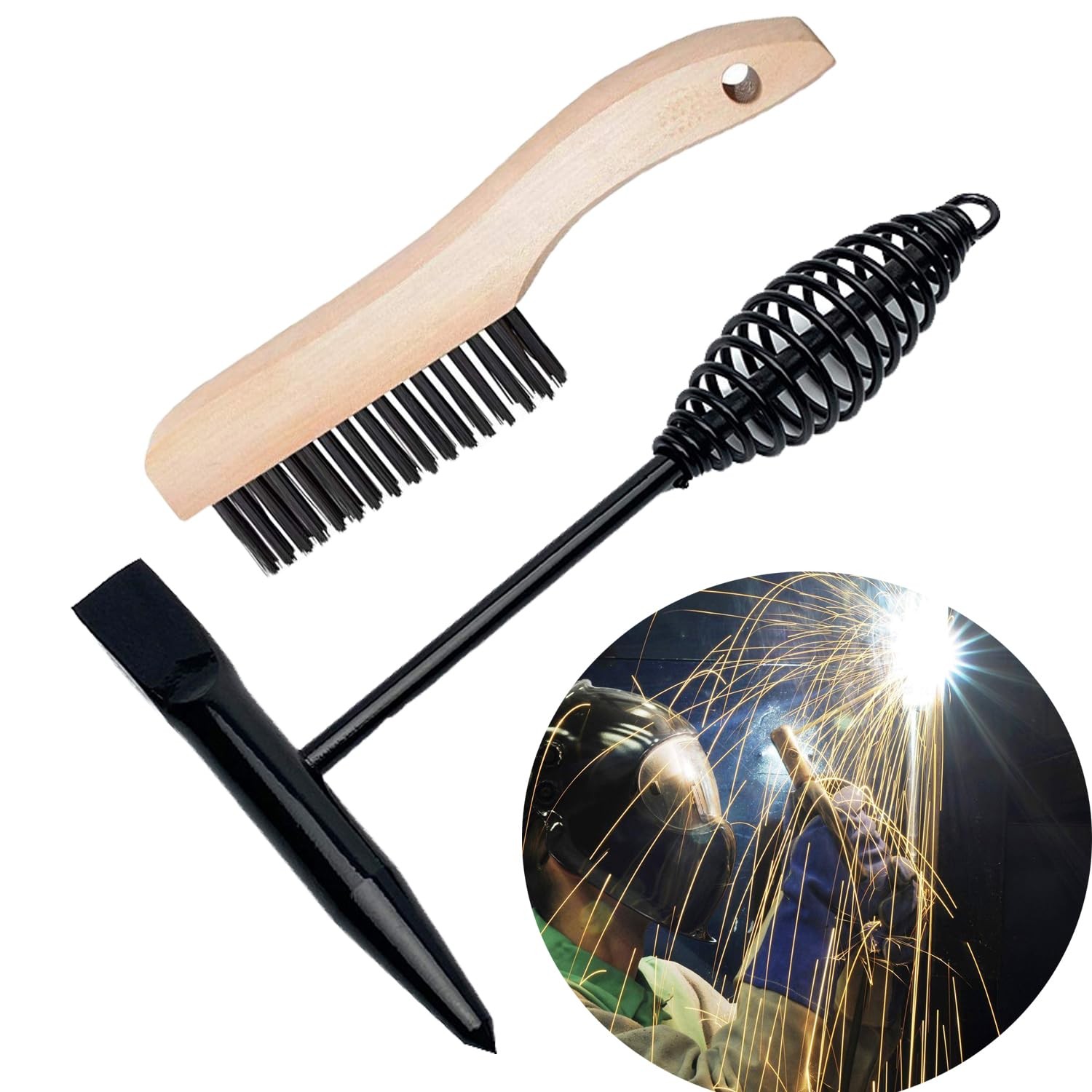 2 Pack Welding Chipping Hammer and Wire Brush Set, 11″ with Coil…