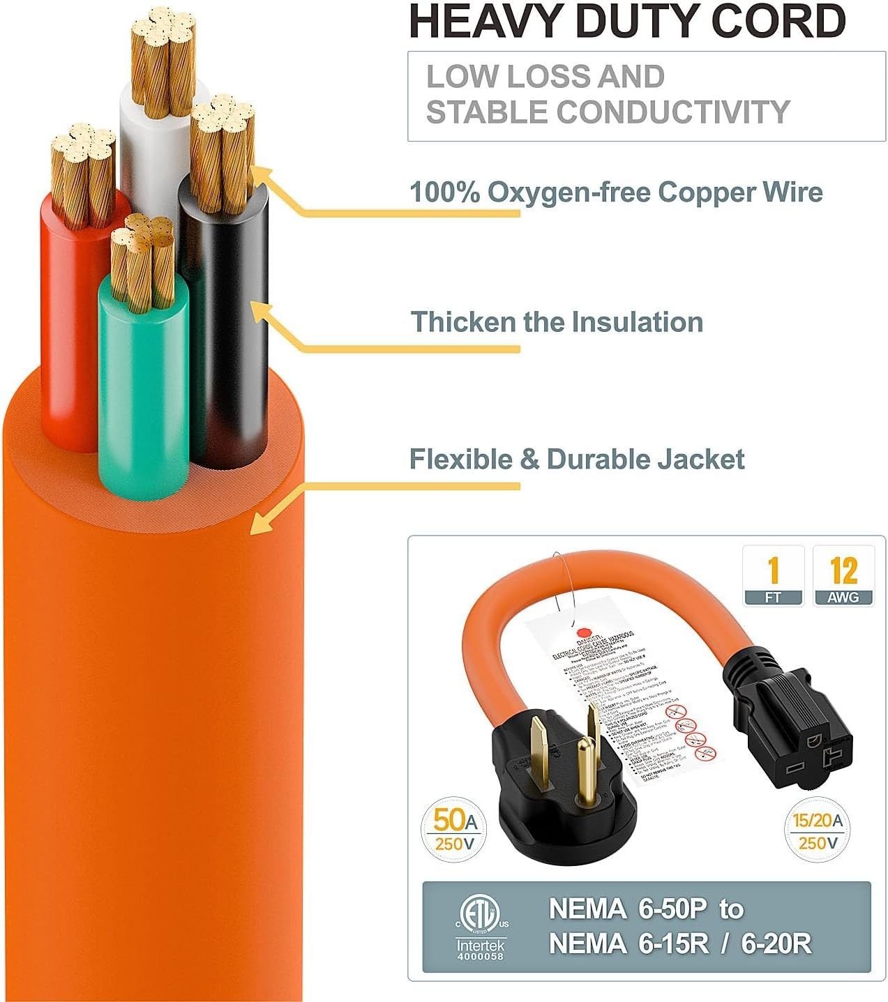 1.5FT Nema 6-50P to 6-15R/6-20R Welder Power Adapter Cord 6-50P 50-Amp to 6-2…