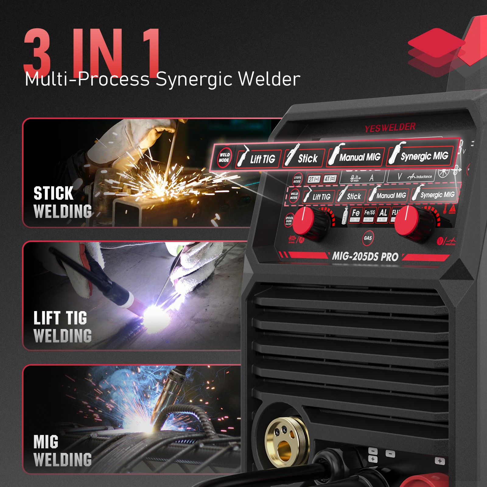 200A 5-in-1 MIG Welding Machine 110/220V Dual Voltage Gas/Flux/Spool/TIG/Stick
