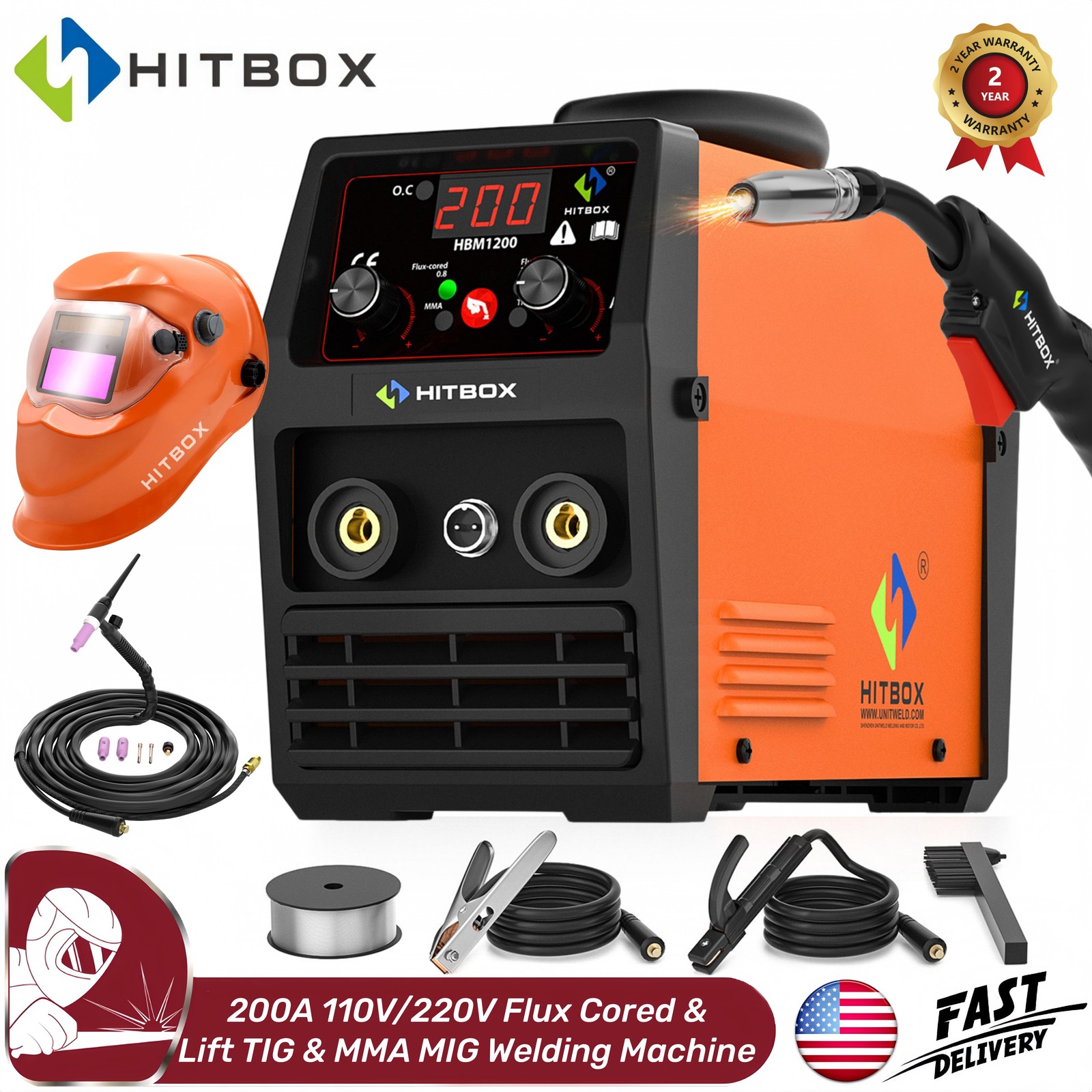 HITBOX 3 in 1 200A MIG Welder Flux Core 110V/220V STICK TIG MIG Welding Machine