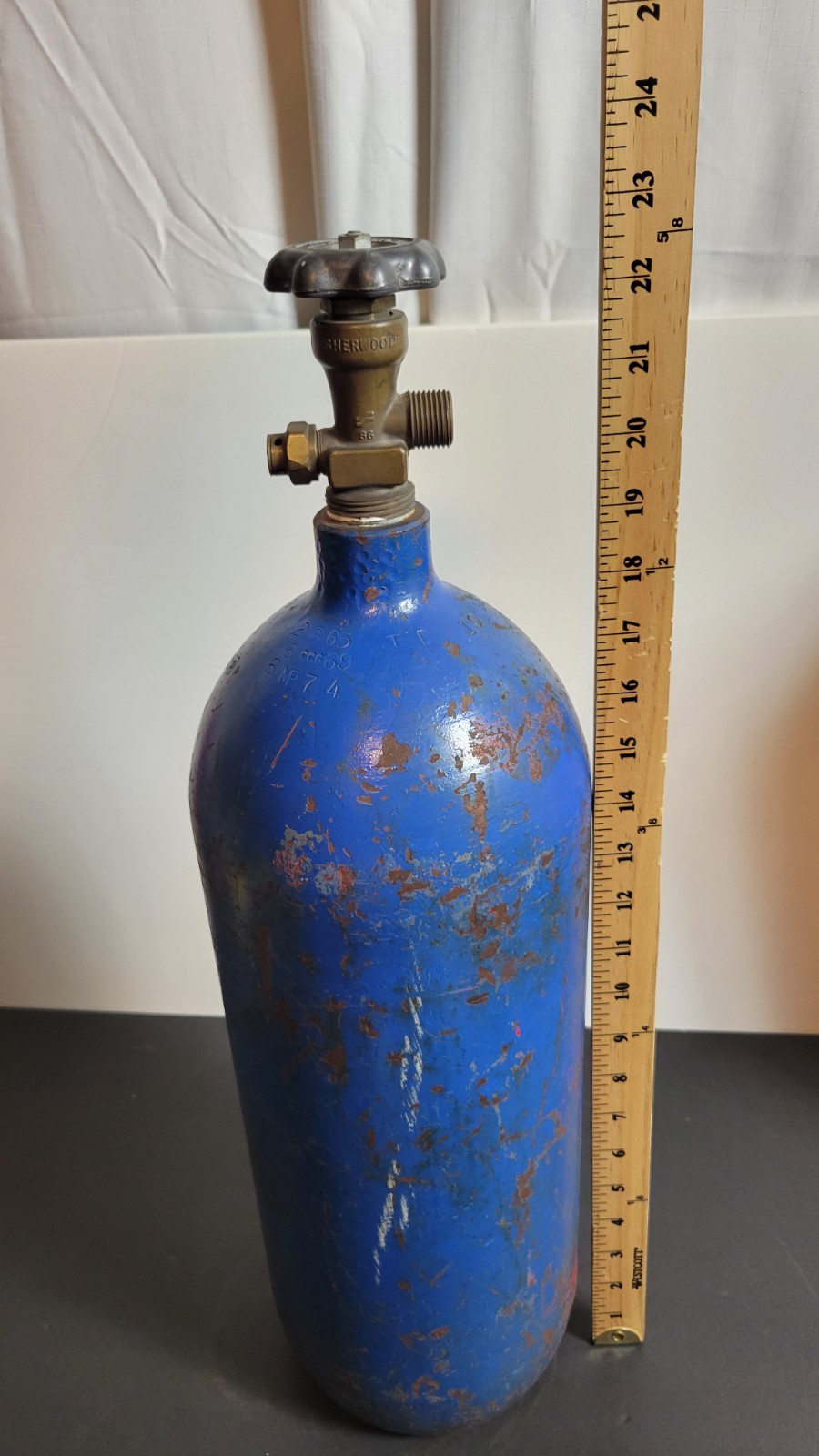 Empty Steel Gas Cylinder Tank Blue 24″ DOT-3AA1800 ICC Vintage Sherwood Valve…