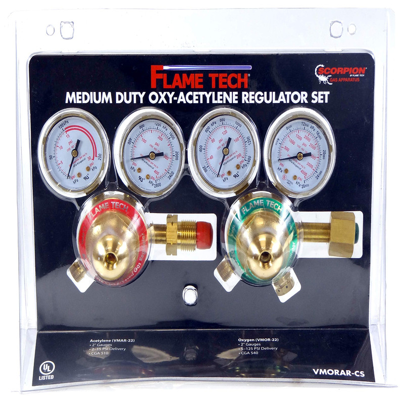 Flame Tech Oxy-Fuel Medium Duty Regulator Set Solid Forged Brass Easy-To-Turn