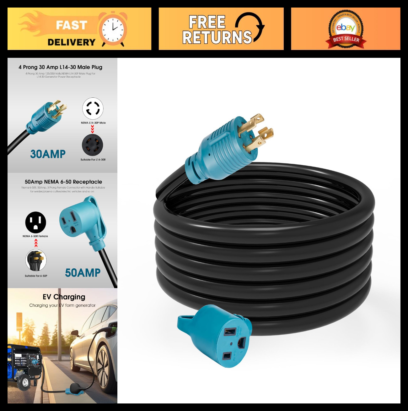 30 Amp to 50 Amp Welder Adapter Cord, L14-30P to 6-50R, 10ft Heavy Duty 10 AWG